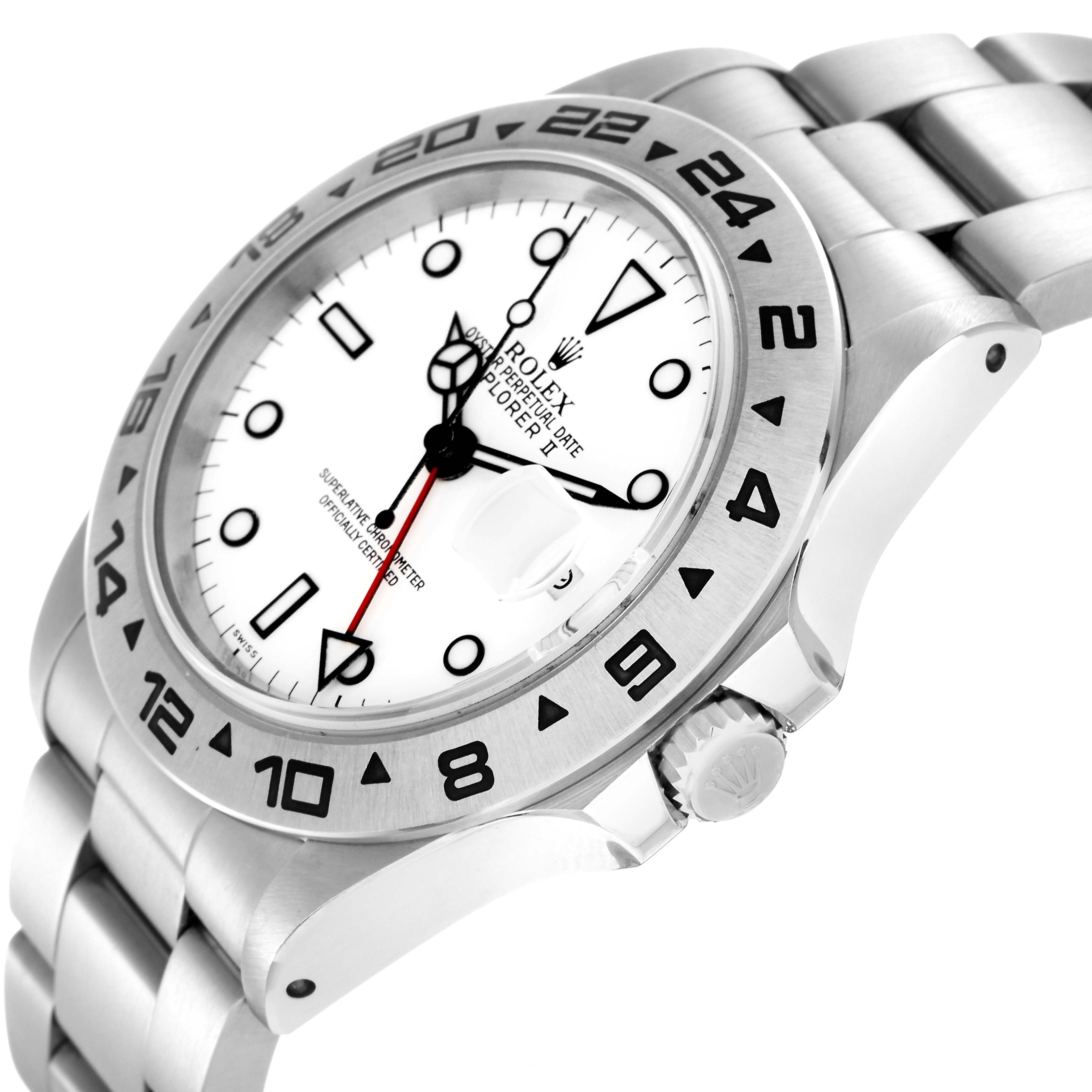 The Rolex Explorer 16550 Men
s Stainless Steel White Dial 16550 Men
s Stainless Steel White Dial model watch is shown from a side angle, highlighting the bezel, crown, and bracelet.
