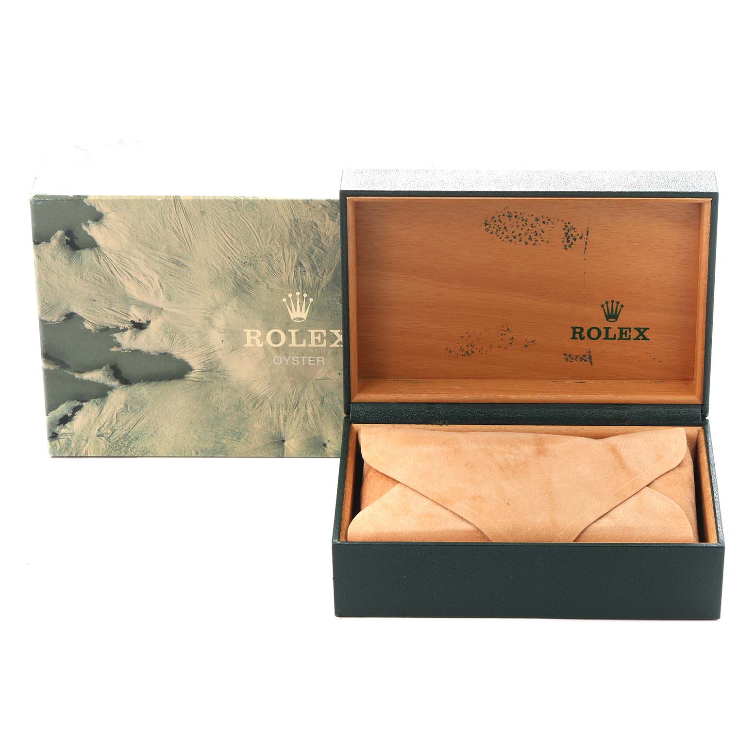 The image shows a Rolex Explorer 16550 Men
s Stainless Steel White Dial 16550 Men
s Stainless Steel White Dial watch box at an angle displaying the exterior and interior compartments.