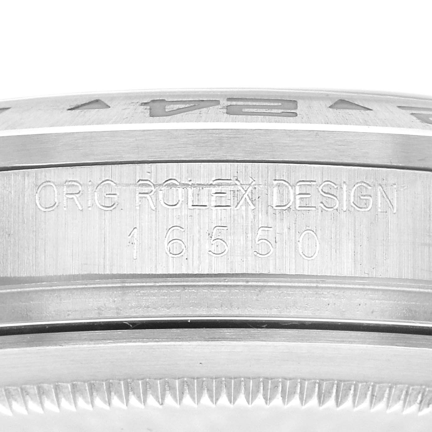 The image shows a detailed view of the side engraving on a Rolex Explorer 16550 Men
s Stainless Steel White Dial 16550 Men
s Stainless Steel White Dial model, highlighting the model number.