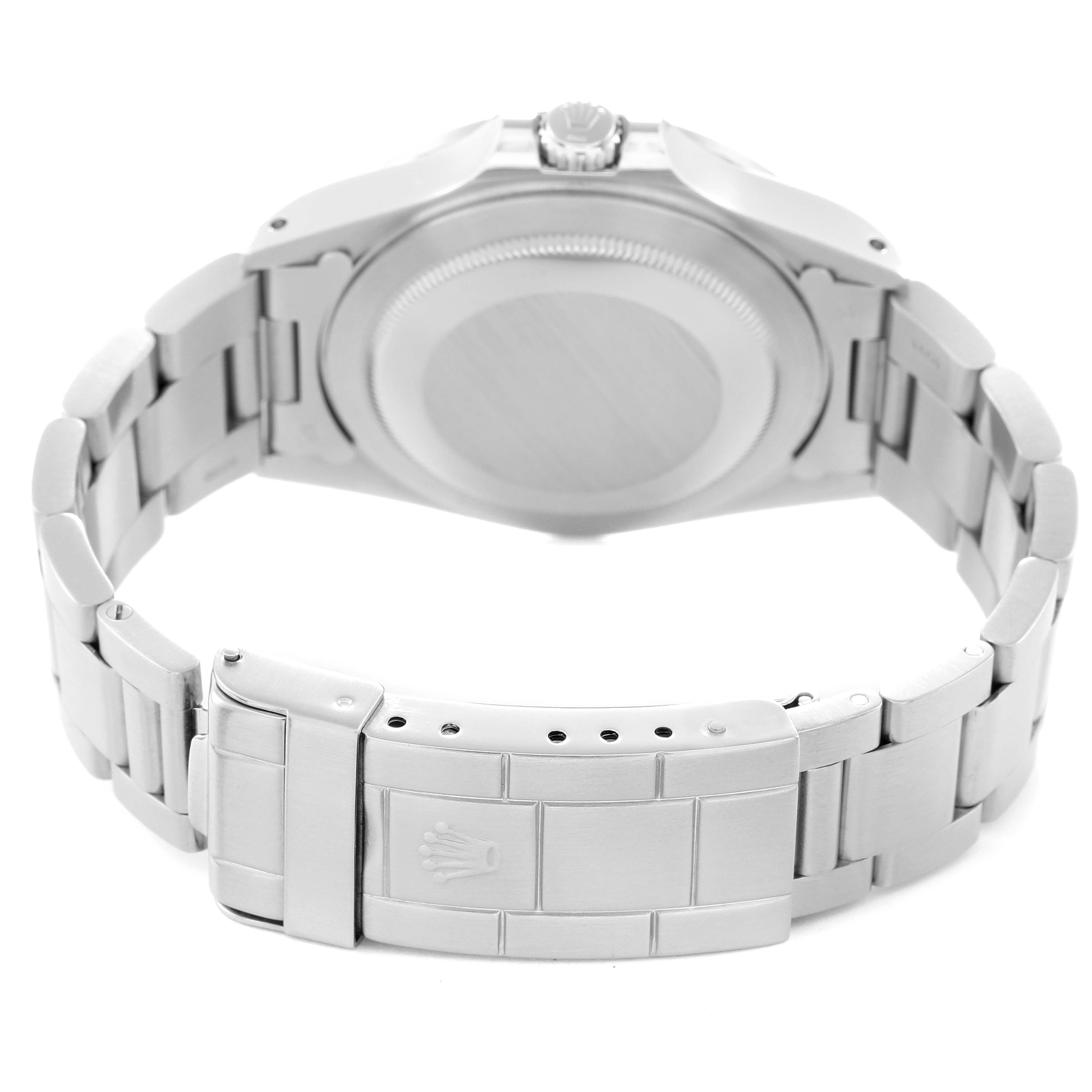 The image shows the back view of the Rolex Explorer 16550 Men
s Stainless Steel White Dial 16550 Men
s Stainless Steel White Dial watch, highlighting the bracelet and clasp.