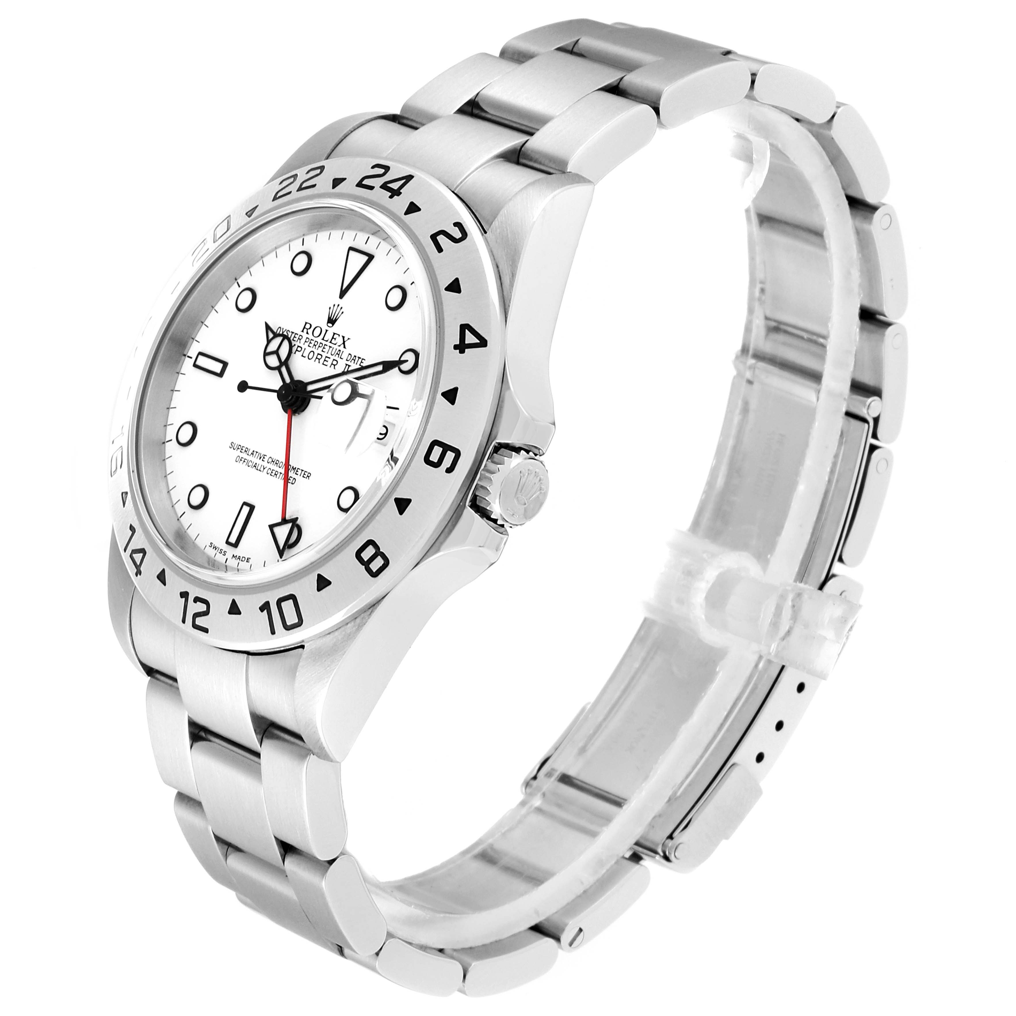 The Rolex Explorer 16570 Men
s Stainless Steel White Dial 16570 Men
s Stainless Steel White Dial watch is shown from a side angle, highlighting the face, bezel, crown, and bracelet.