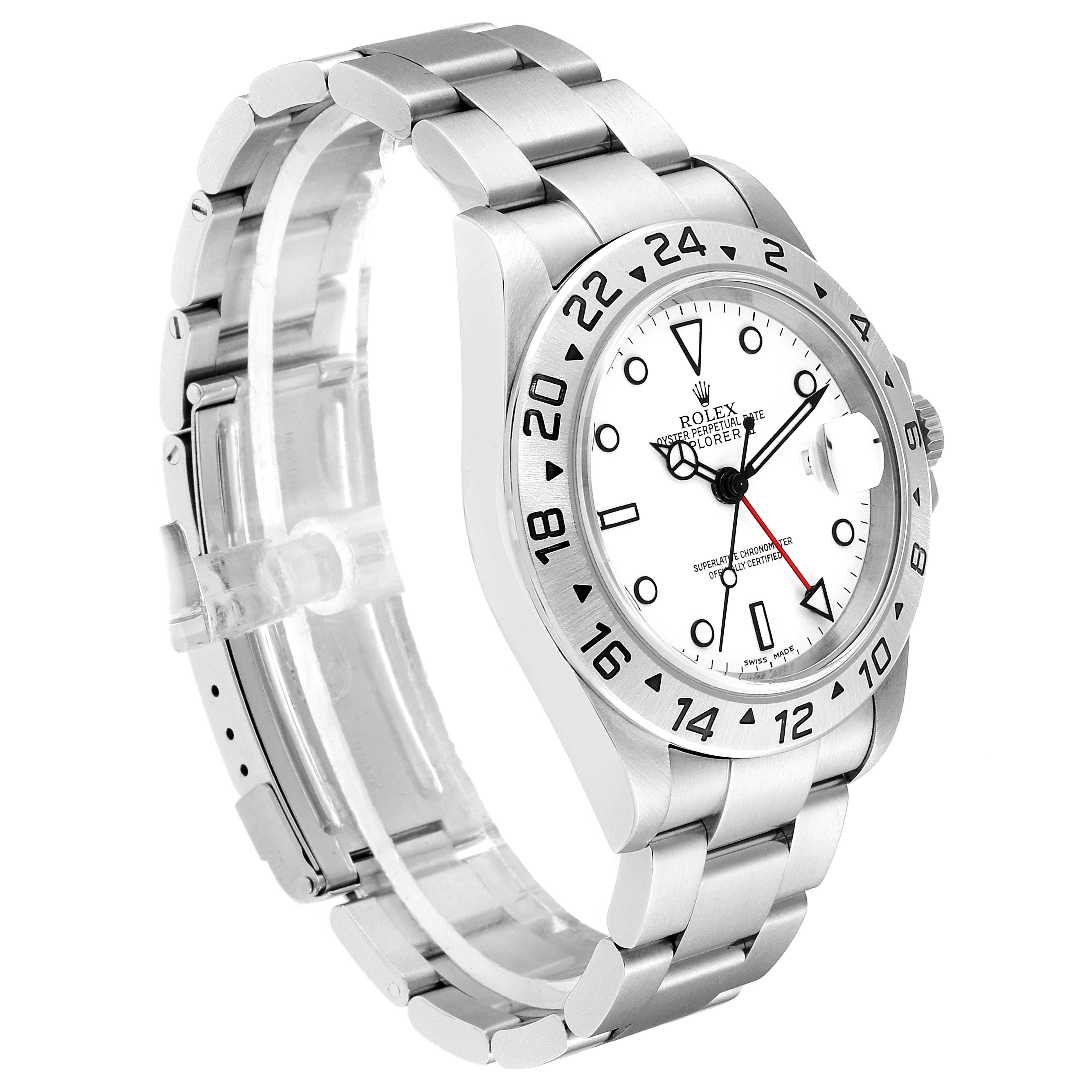 The Rolex Explorer 16570 Men
s Stainless Steel White Dial 16570 Men
s Stainless Steel White Dial model watch is shown from an angled side view, displaying the face, bezel, and bracelet.
