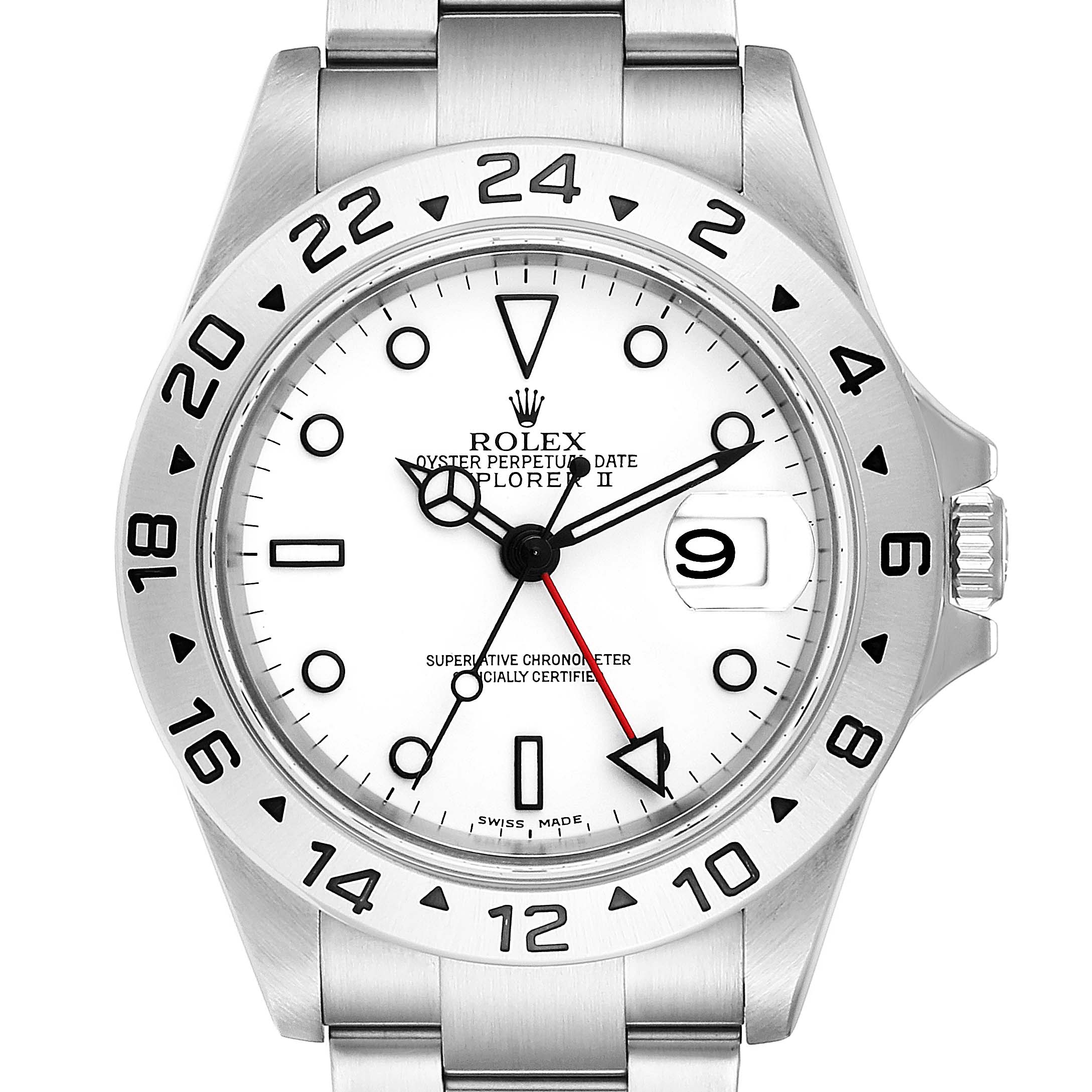 The image shows a front view of the Rolex Explorer 16570 Men
s Stainless Steel White Dial 16570 Men
s Stainless Steel White Dial watch, displaying its dial, bezel, and part of the bracelet.