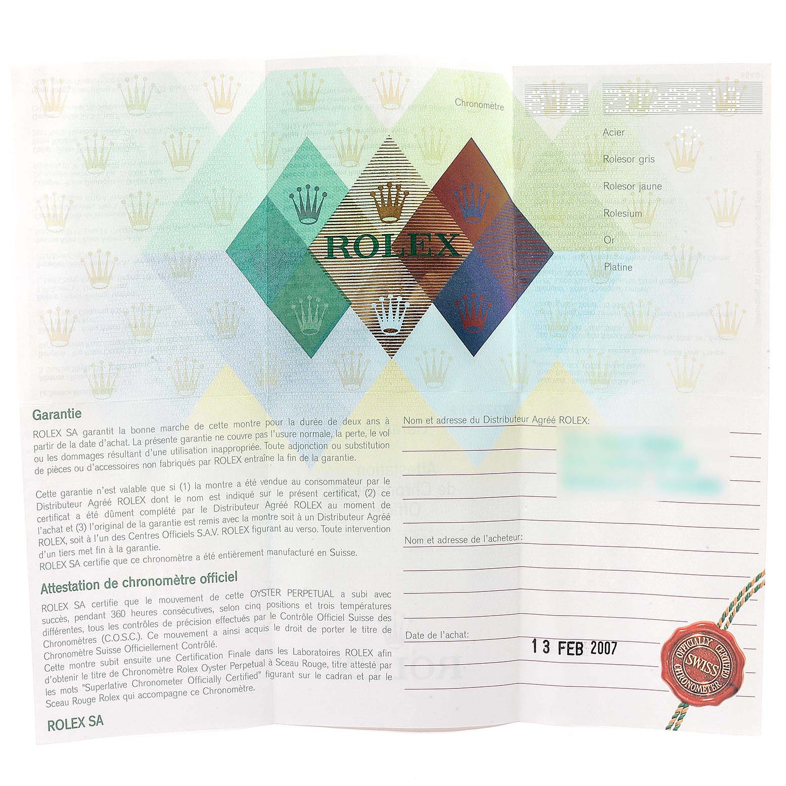 The image shows the guarantee card for the Rolex Explorer 16570 Men
s Stainless Steel White Dial 16570 Men
s Stainless Steel White Dial model, including warranty details and purchase date.