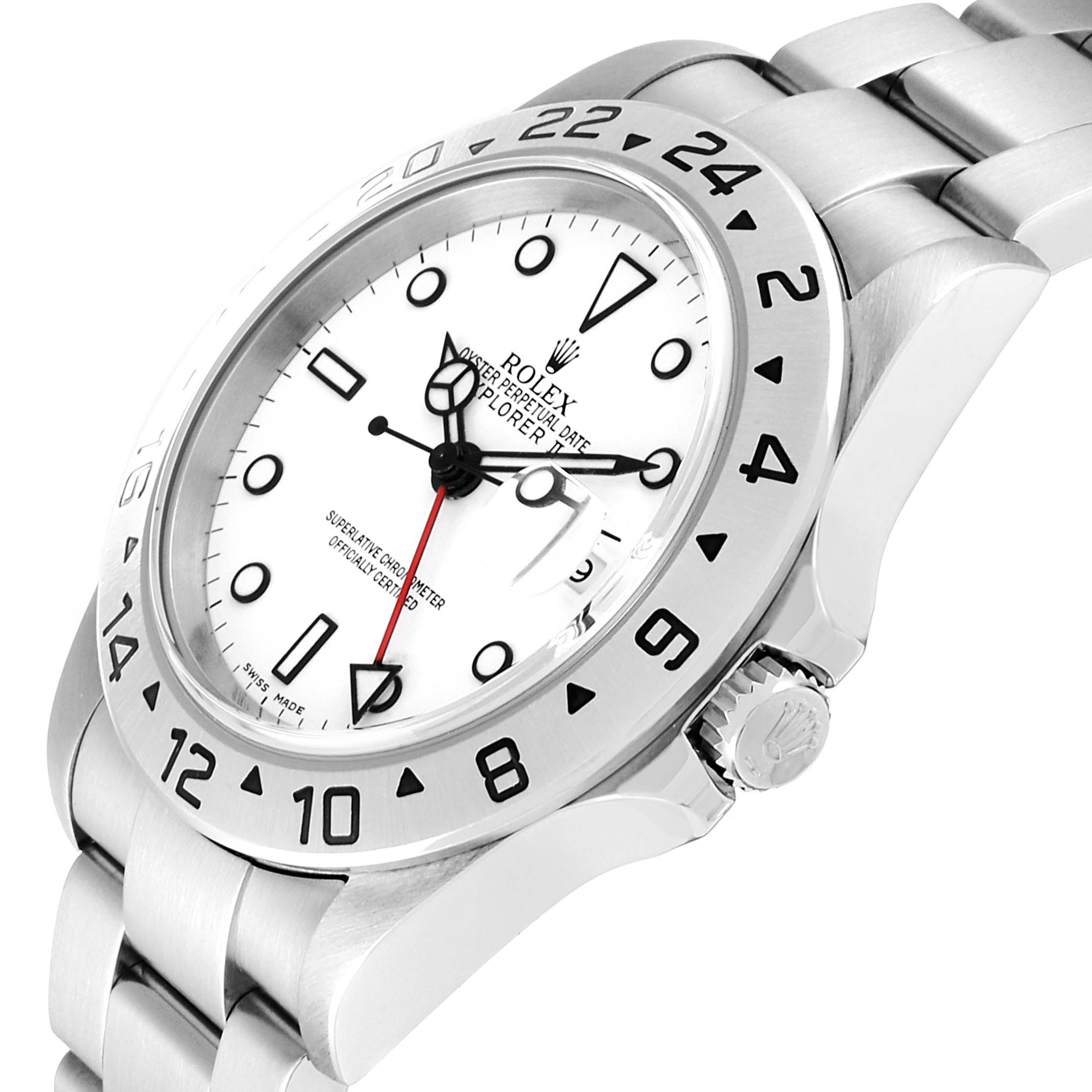 The image shows a Rolex Explorer 16570 Men
s Stainless Steel White Dial 16570 Men
s Stainless Steel White Dial watch at a slight angle, highlighting its dial, bezel, crown, and part of the bracelet.