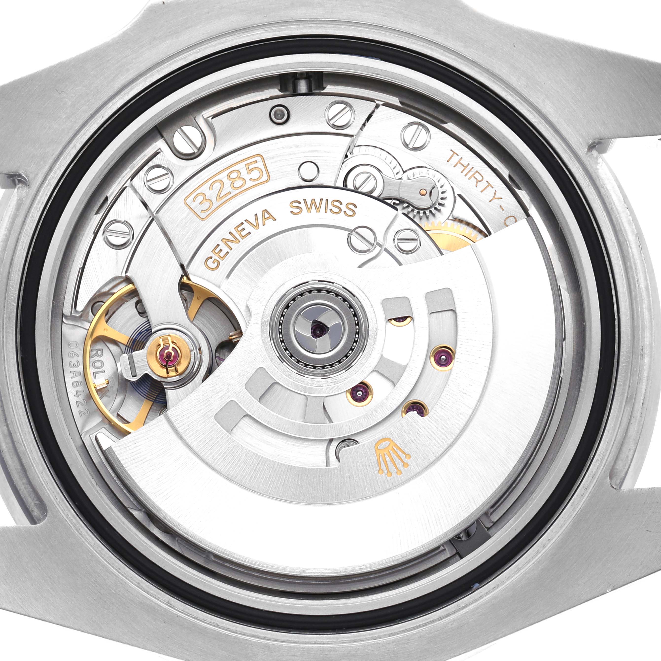 The image shows the Rolex GMT-Master 126710 Men
s Stainless Steel Black Dial 126710 Men
s Stainless Steel Black Dial
s movement with intricately detailed gears and parts, viewed from the back.