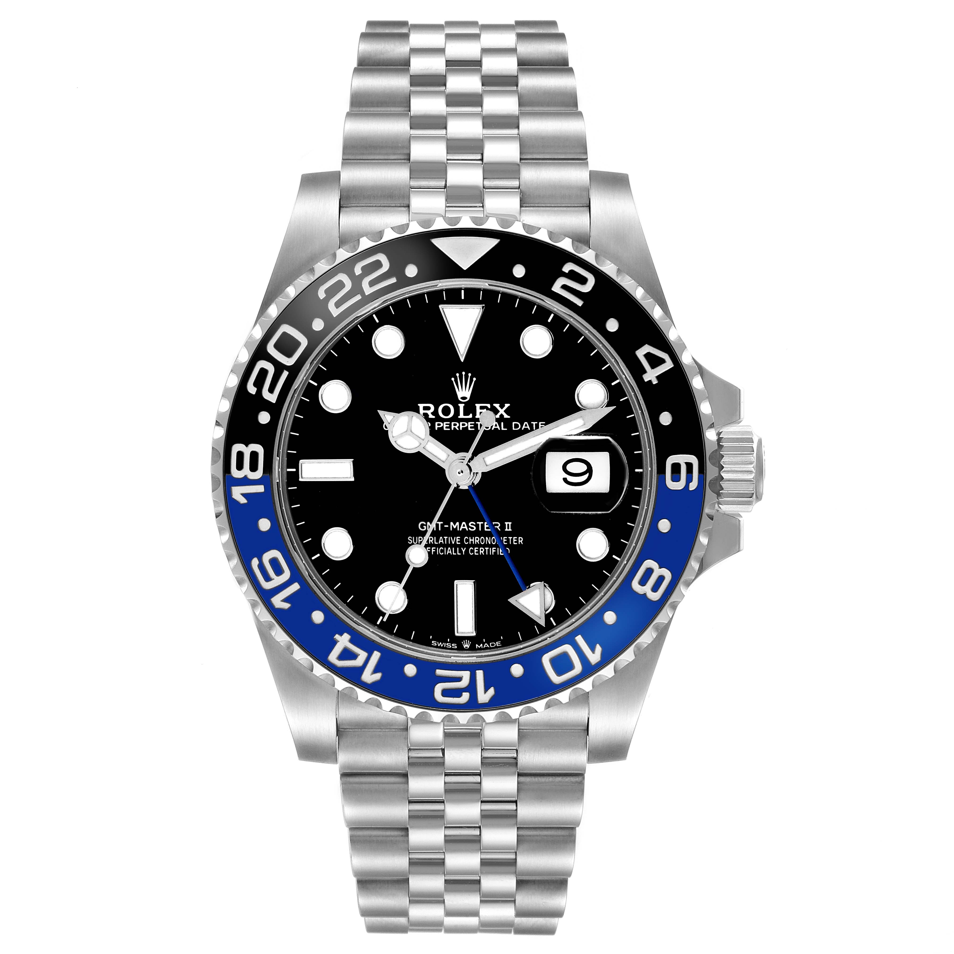 The Rolex GMT-Master 126710 Men
s Stainless Steel Black Dial 126710 Men
s Stainless Steel Black Dial model is shown from a front angle, displaying its black and blue bezel, dial, and jubilee bracelet.