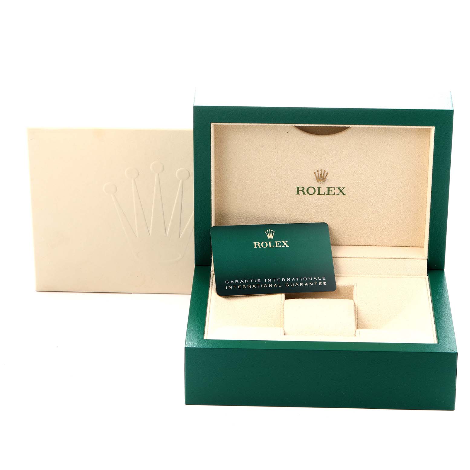 The image shows a Rolex GMT-Master 126710 Men
s Stainless Steel Black Dial 126710 Men
s Stainless Steel Black Dial box, guarantee card, and outer box from a front angle.