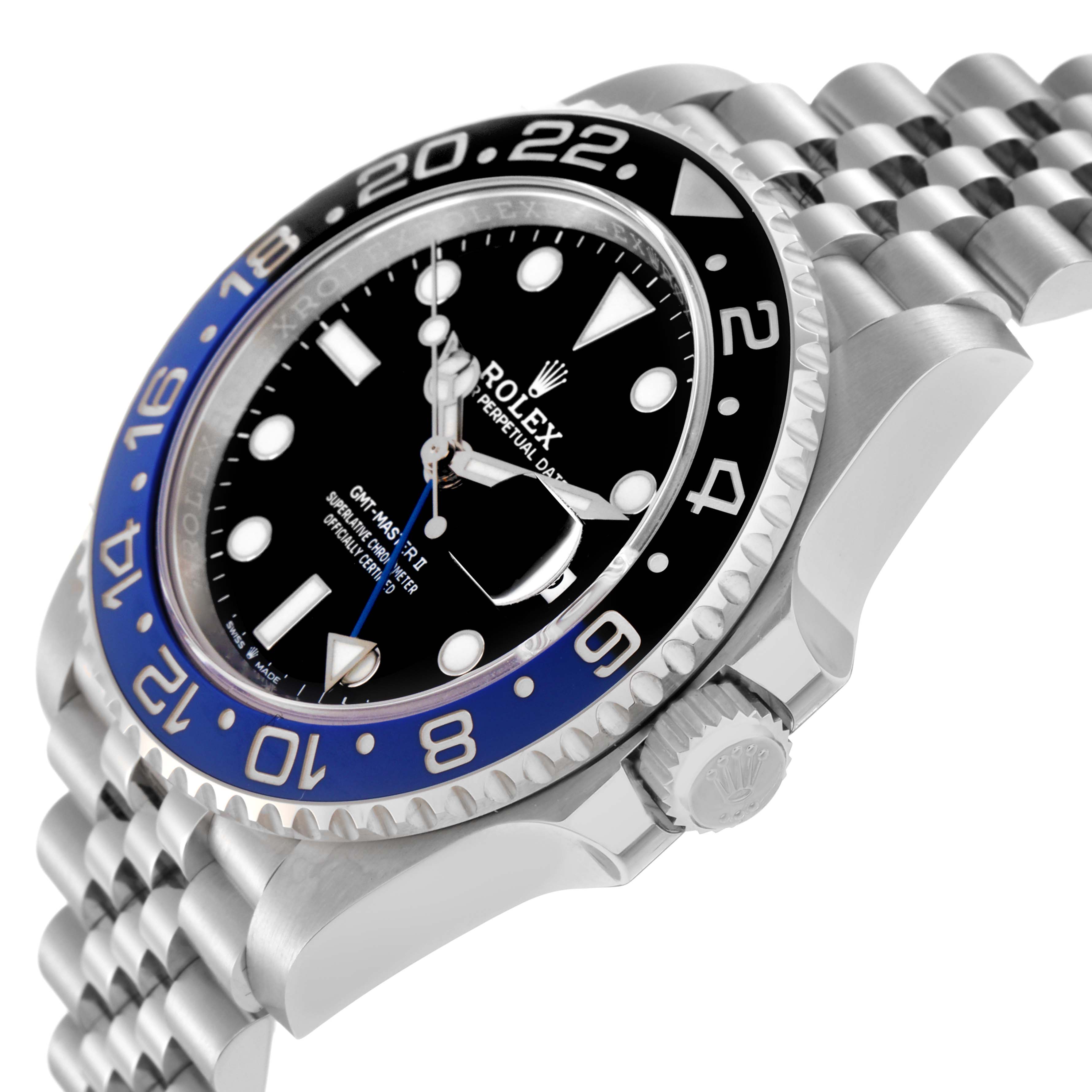 The Rolex GMT-Master 126710 Men
s Stainless Steel Black Dial 126710 Men
s Stainless Steel Black Dial watch is shown at an angled close-up, featuring the bezel, crown, and part of the bracelet.