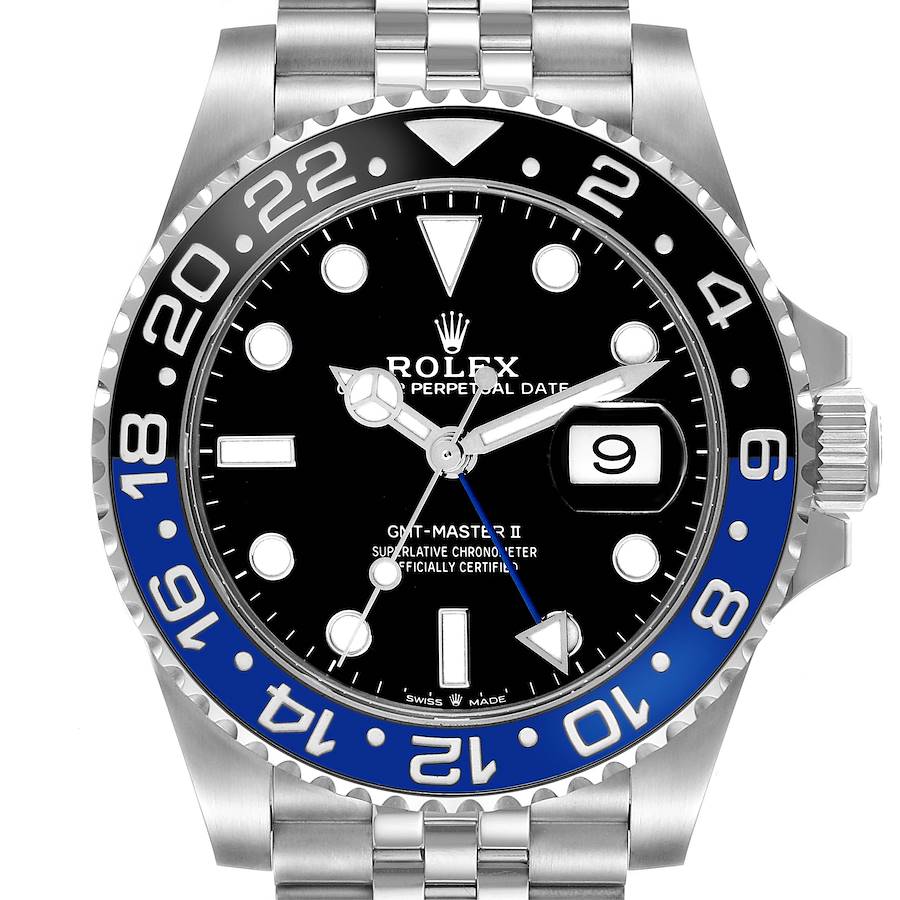 The Rolex GMT-Master watch is shown from a front angle, highlighting its bezel, dial, hands, and date window.
