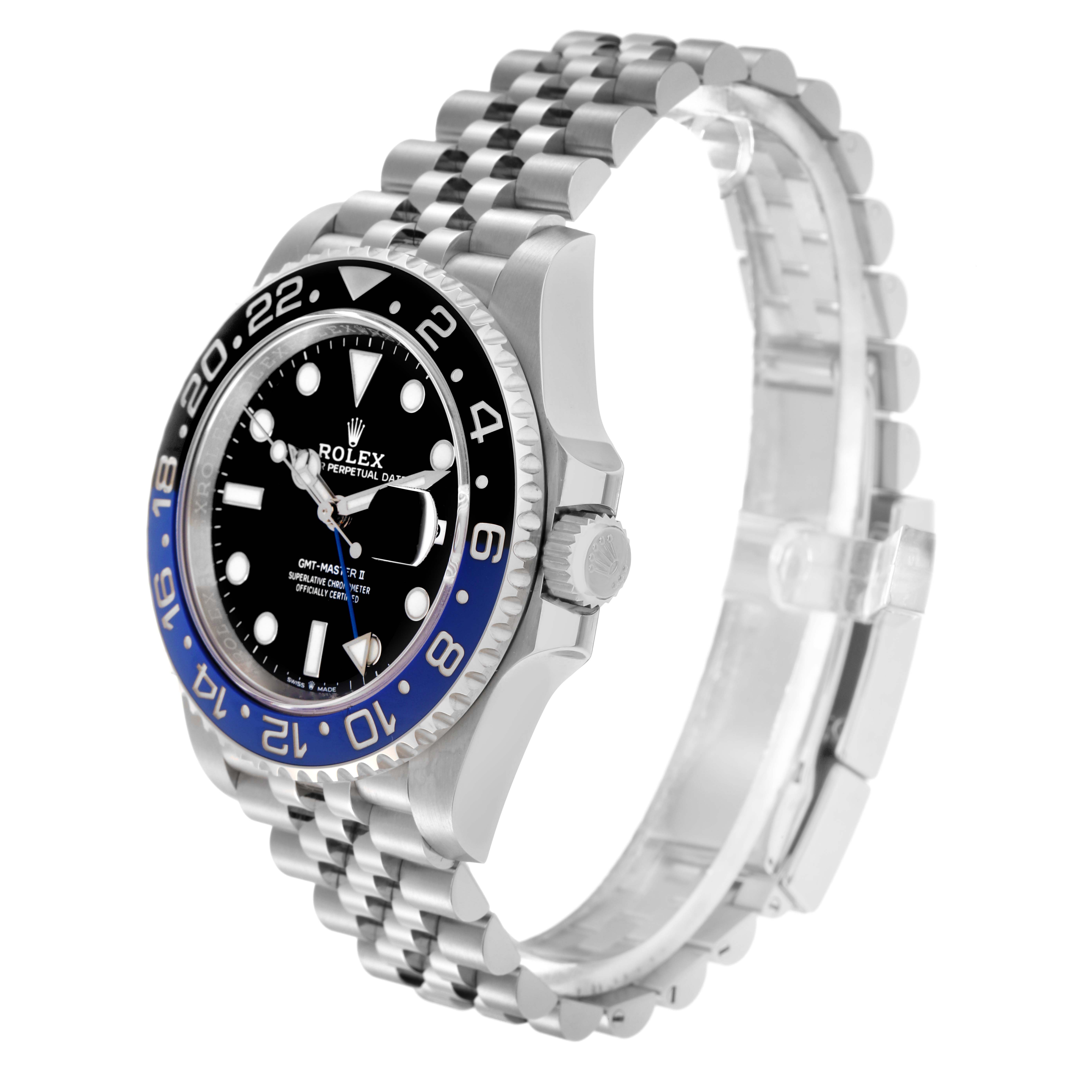 The Rolex GMT-Master 126710 Men
s Stainless Steel Black Dial 126710 Men
s Stainless Steel Black Dial watch is shown from a three-quarter angle, highlighting its bezel, dial, crown, and bracelet.