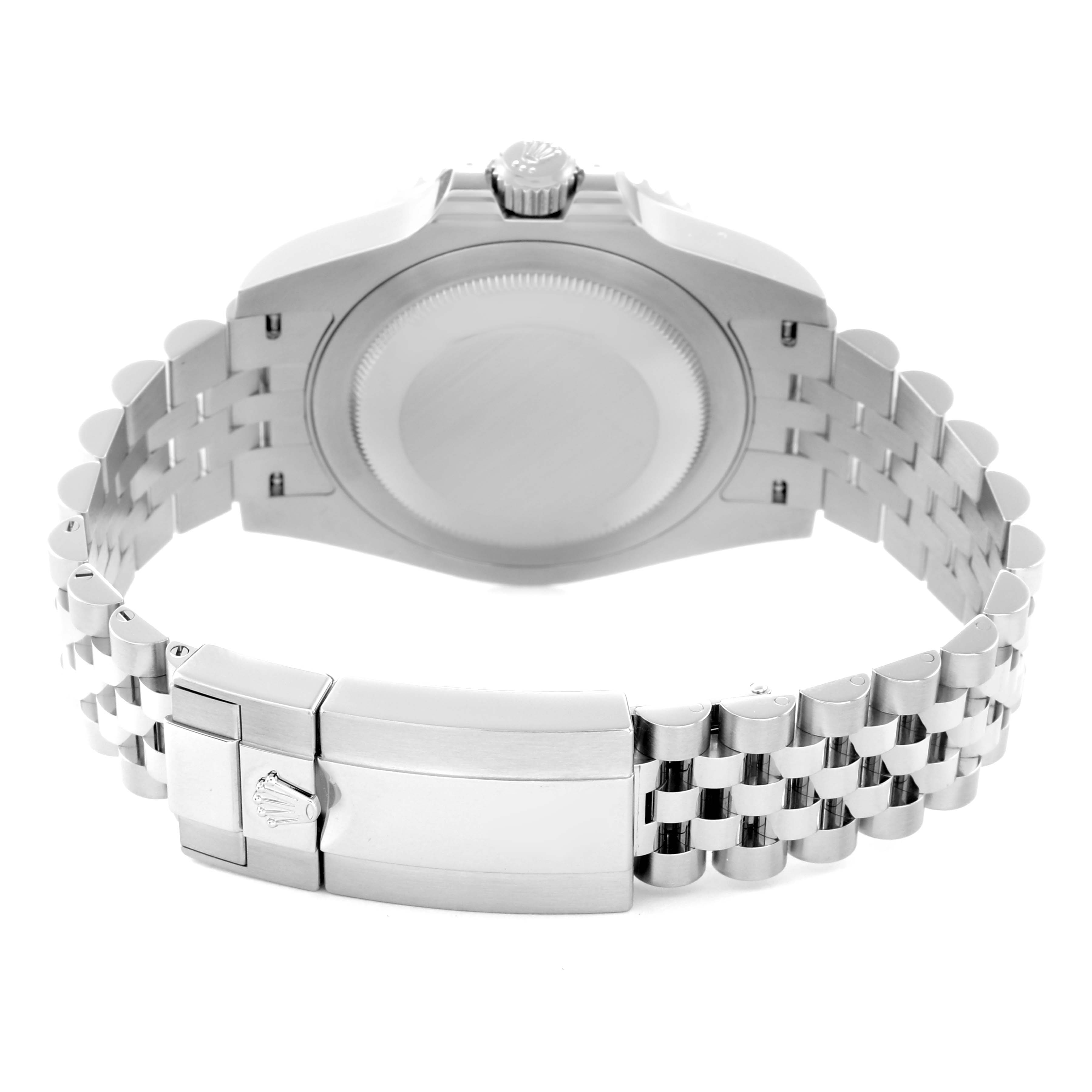 The image shows the back of the Rolex GMT-Master 126710 Men
s Stainless Steel Black Dial 126710 Men
s Stainless Steel Black Dial, highlighting the case back, crown, and Jubilee bracelet with the clasp.