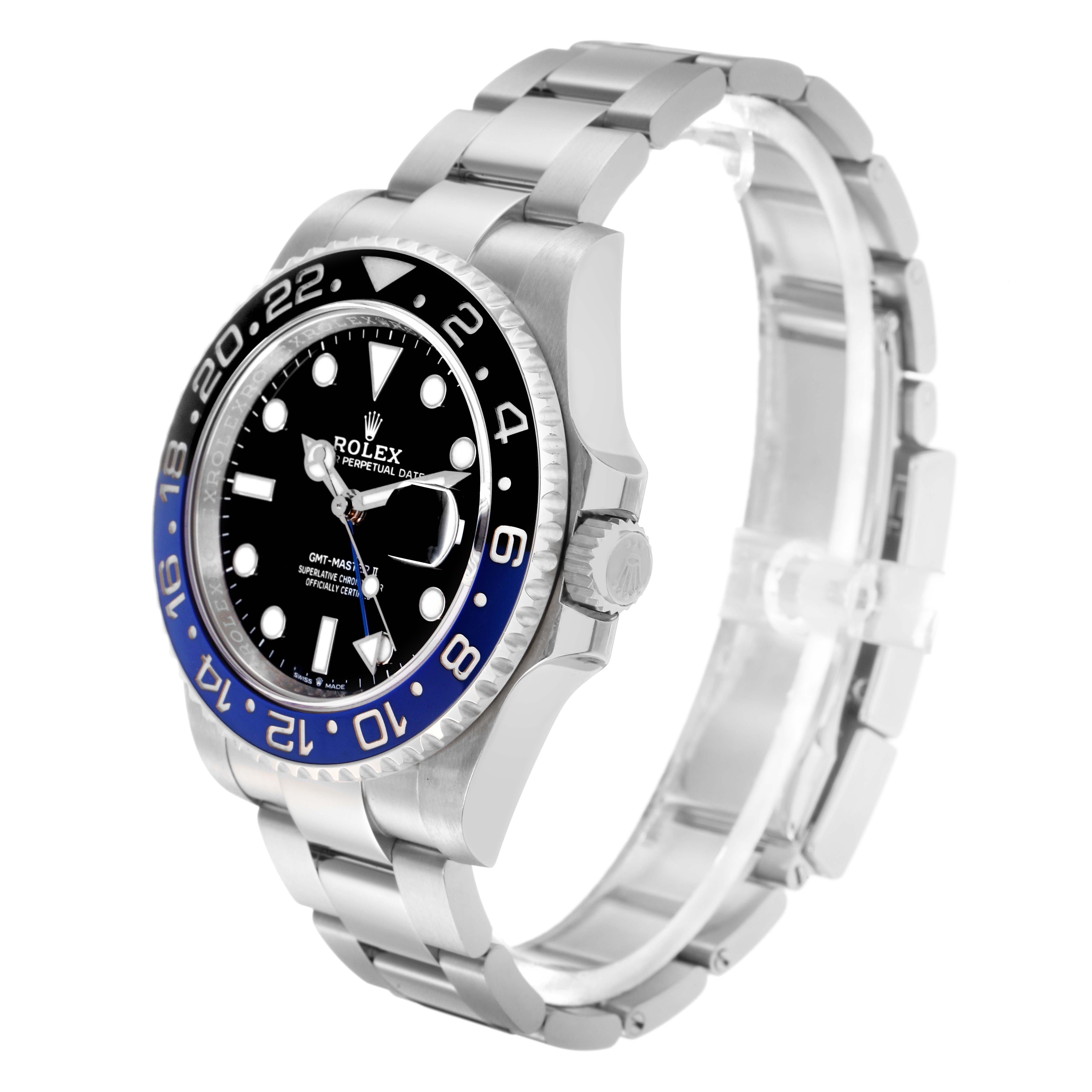 The Rolex GMT-Master 126710 Men
s Stainless Steel Black Dial 126710 Men
s Stainless Steel Black Dial watch is shown at an angled side view, displaying the face, bezel, crown, and bracelet links.