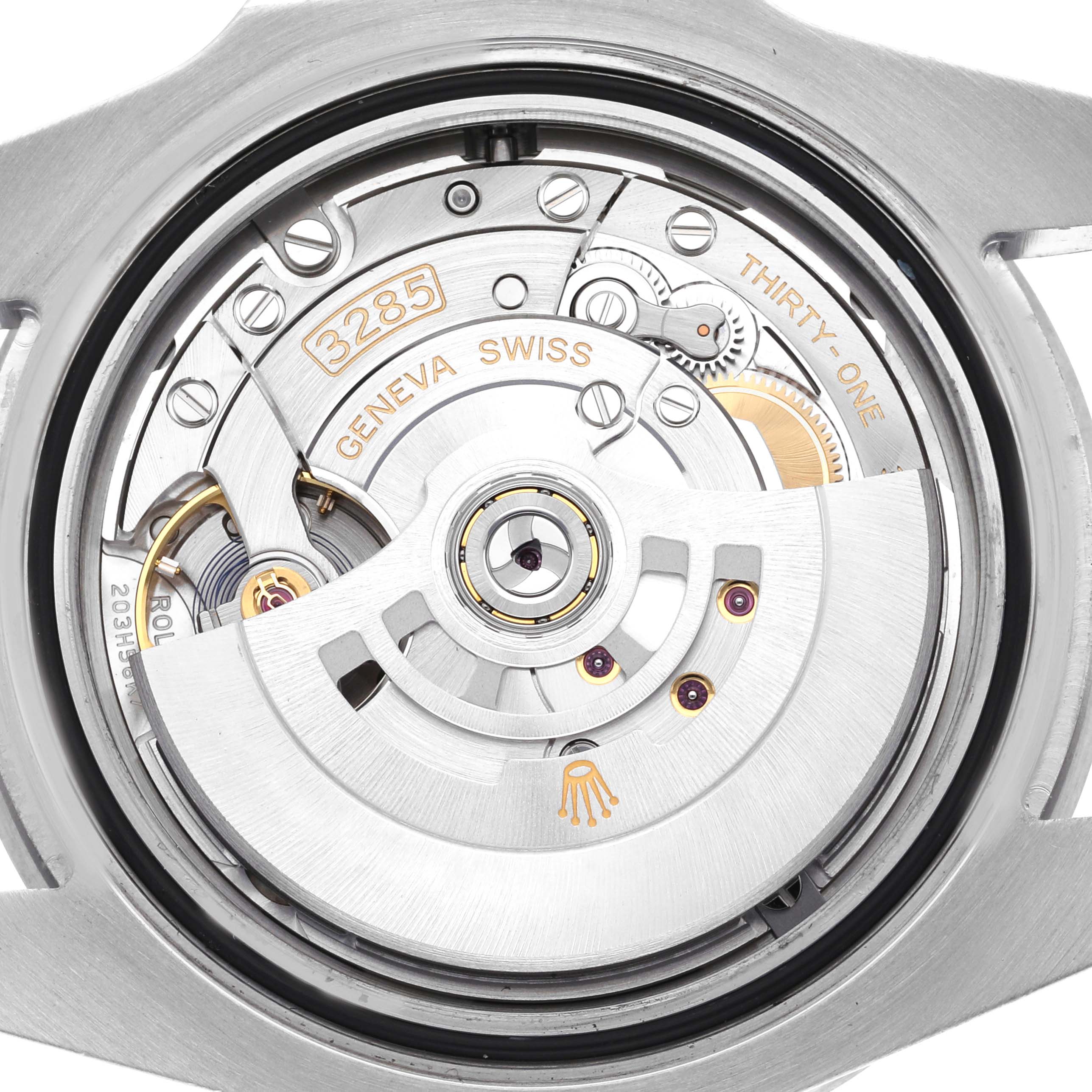 The image shows the movement mechanism of a Rolex GMT-Master 126710 Men
s Stainless Steel Black Dial 126710 Men
s Stainless Steel Black Dial watch, highlighting the intricate gears and rotor.