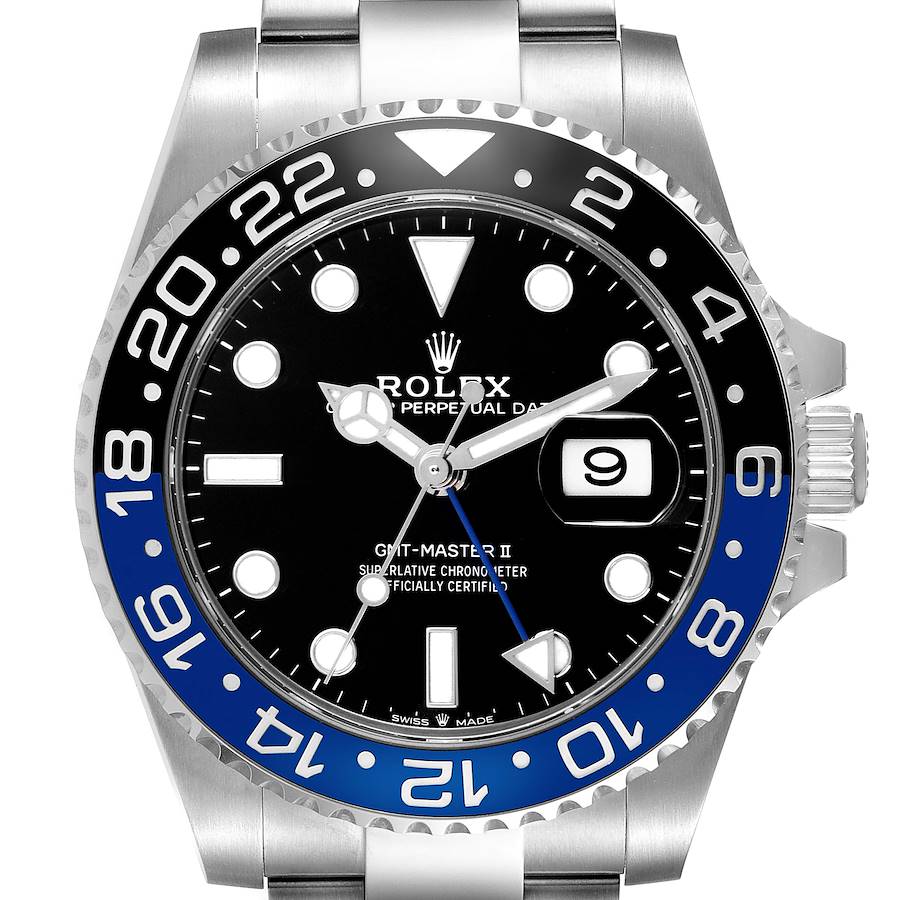 The Rolex GMT-Master watch is displayed from the front, showing the bezel, crown, dial, and bracelet.