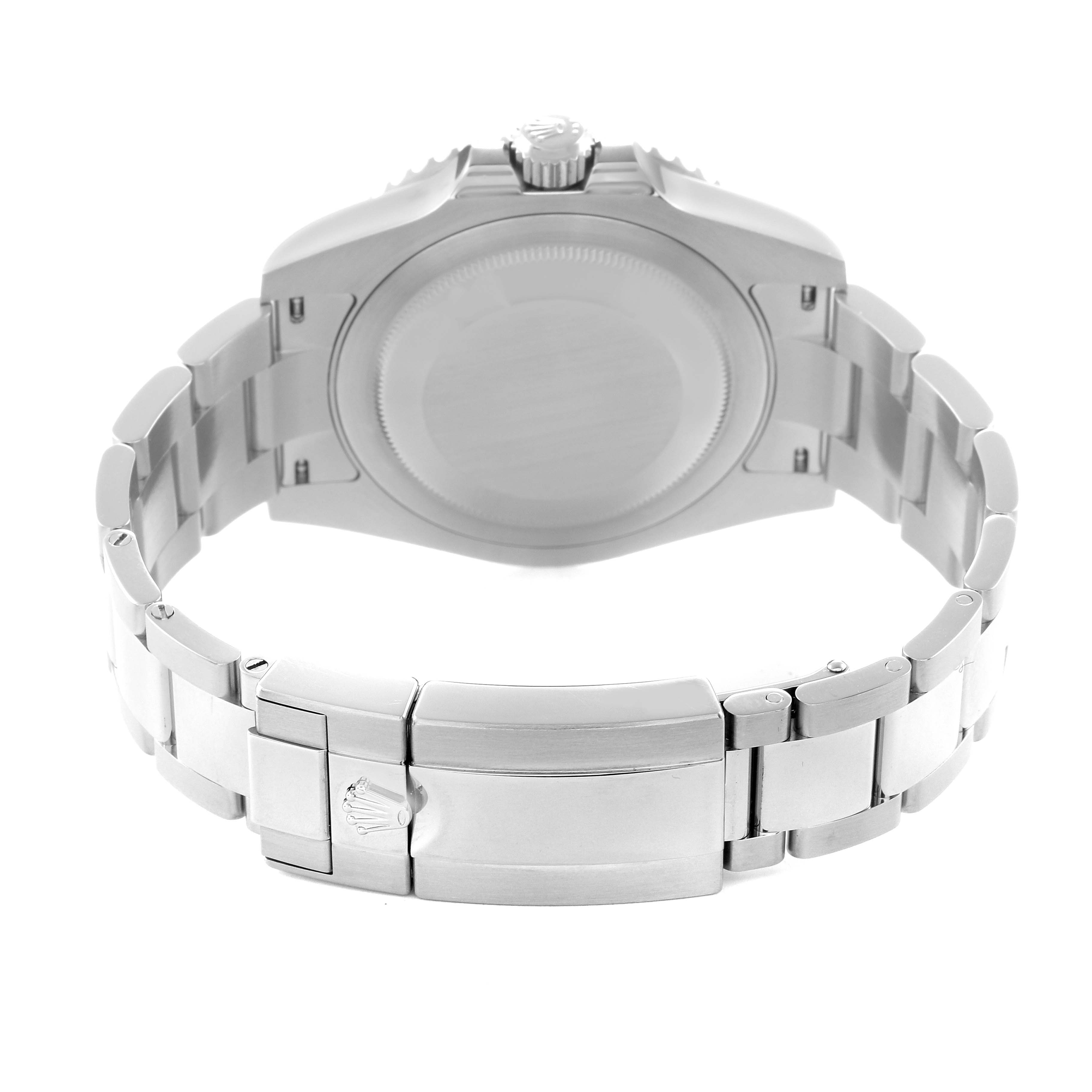 The image shows the back of a Rolex GMT-Master 126710 Men
s Stainless Steel Black Dial 126710 Men
s Stainless Steel Black Dial watch and its bracelet, including the closed clasp and case back.