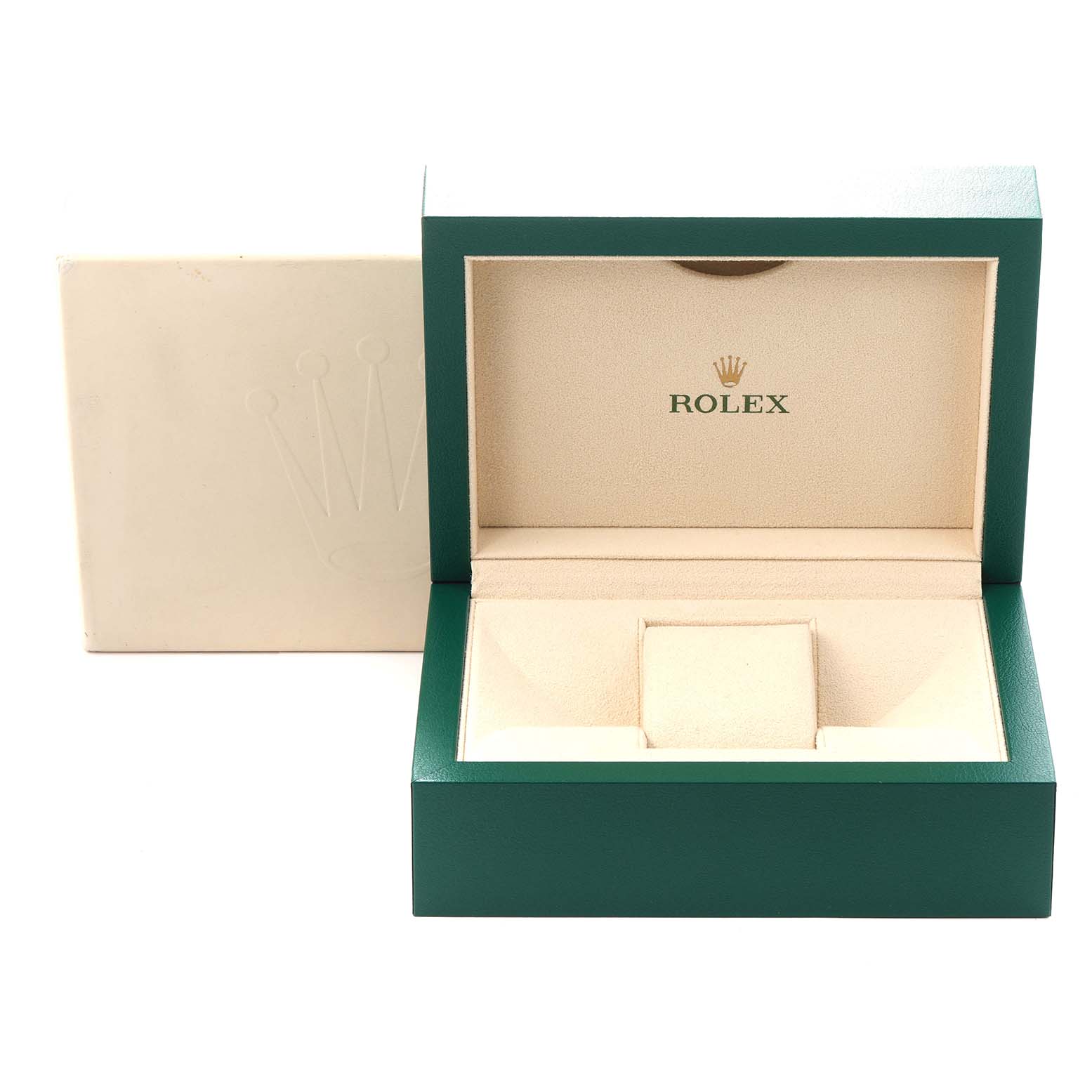 The image shows a Rolex GMT-Master 126710 Men
s Stainless Steel Black Dial 126710 Men
s Stainless Steel Black Dial watch box, open with a beige interior, set on a white outer box.