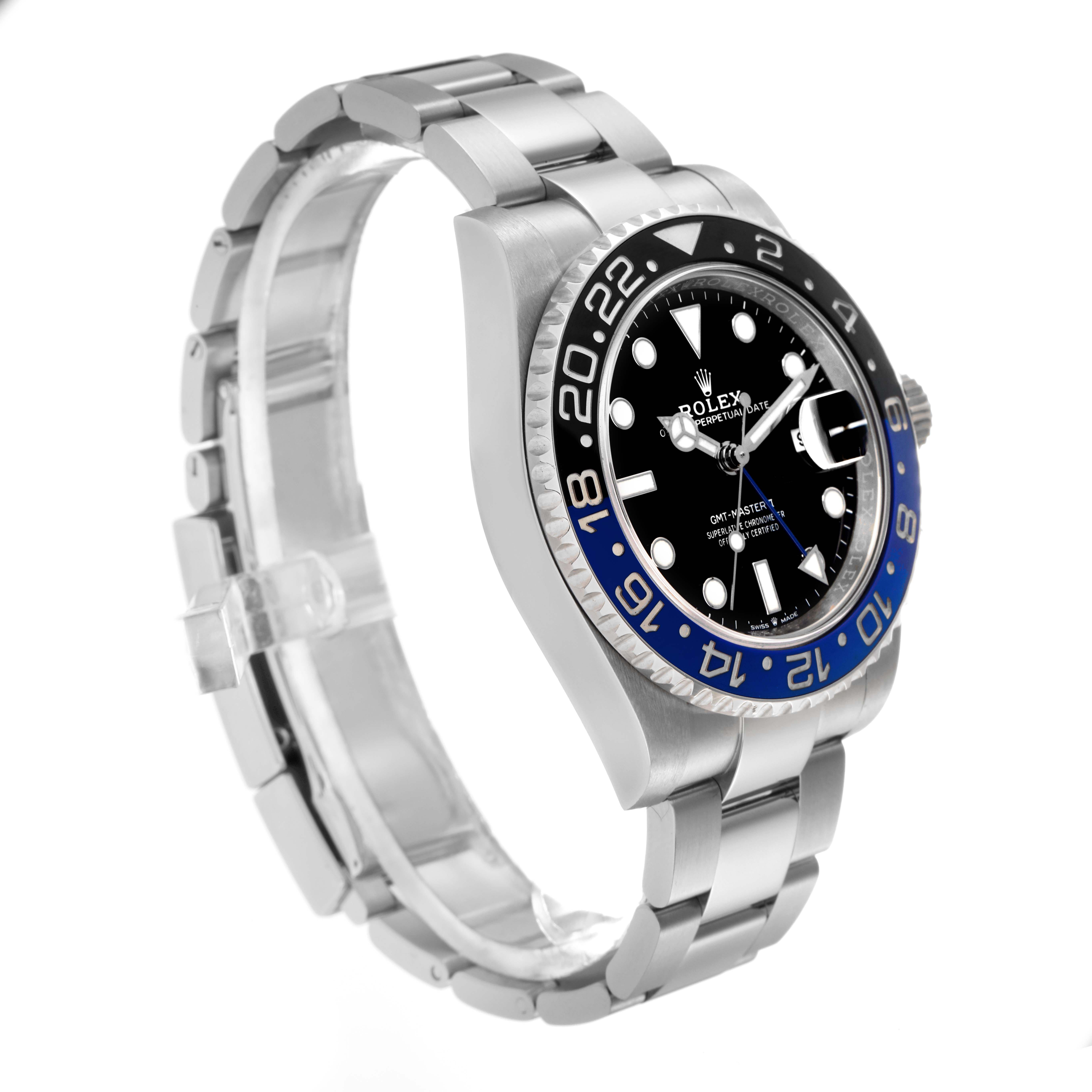 The Rolex GMT-Master 126710 Men
s Stainless Steel Black Dial 126710 Men
s Stainless Steel Black Dial watch is shown from a three-quarter angle, highlighting the bezel, dial, and bracelet.