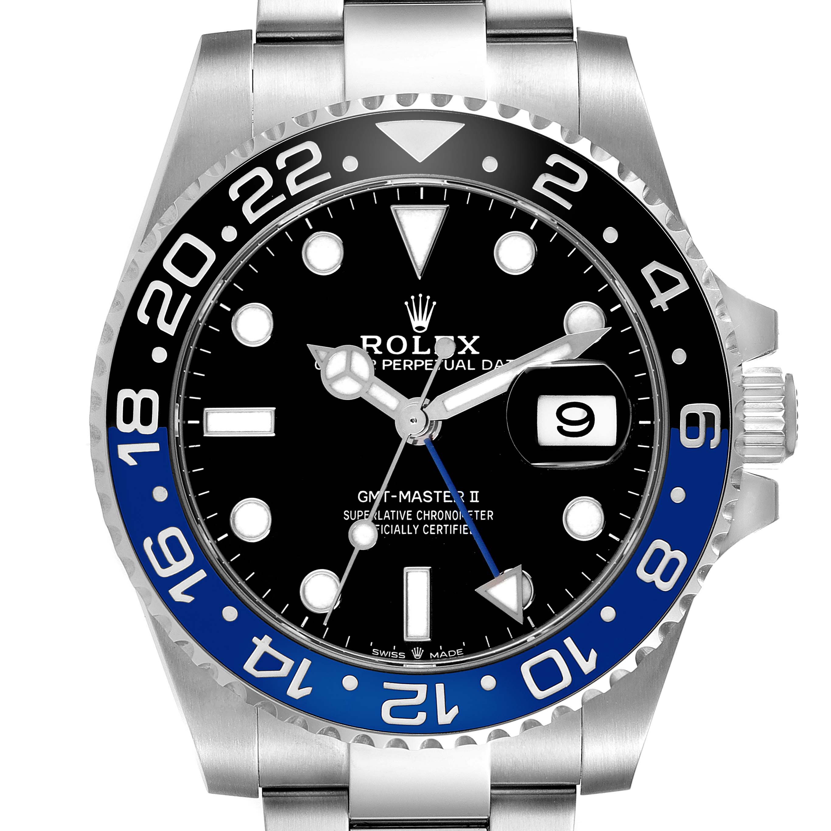 The Rolex GMT-Master 126710 Men
s Stainless Steel Black Dial 126710 Men
s Stainless Steel Black Dial watch is shown from the front, displaying its dial, bezel, and part of the bracelet.