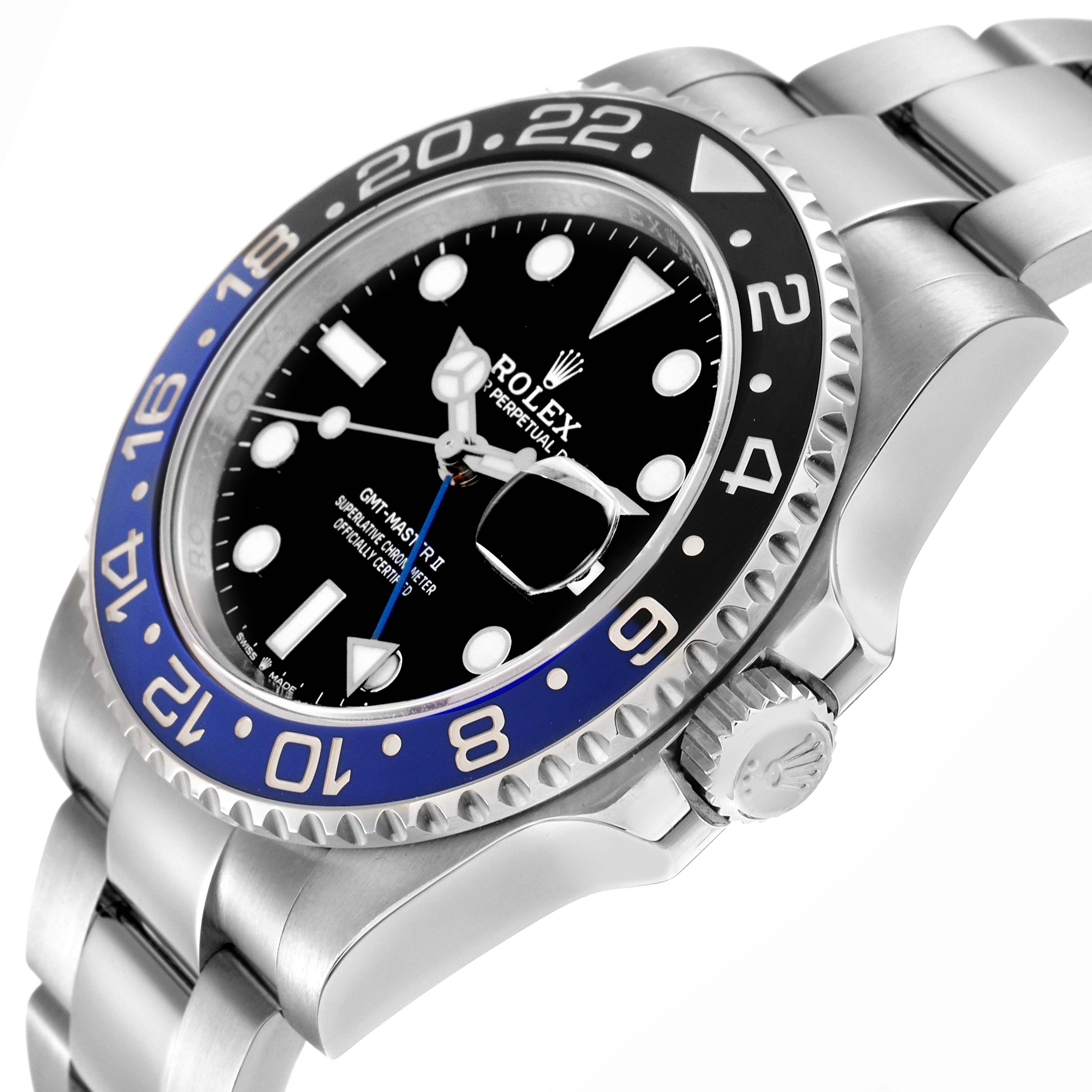 The Rolex GMT-Master 126710 Men
s Stainless Steel Black Dial 126710 Men
s Stainless Steel Black Dial watch is shown at a side angle, highlighting the bezel, dial, Cyclops lens, and part of the bracelet.