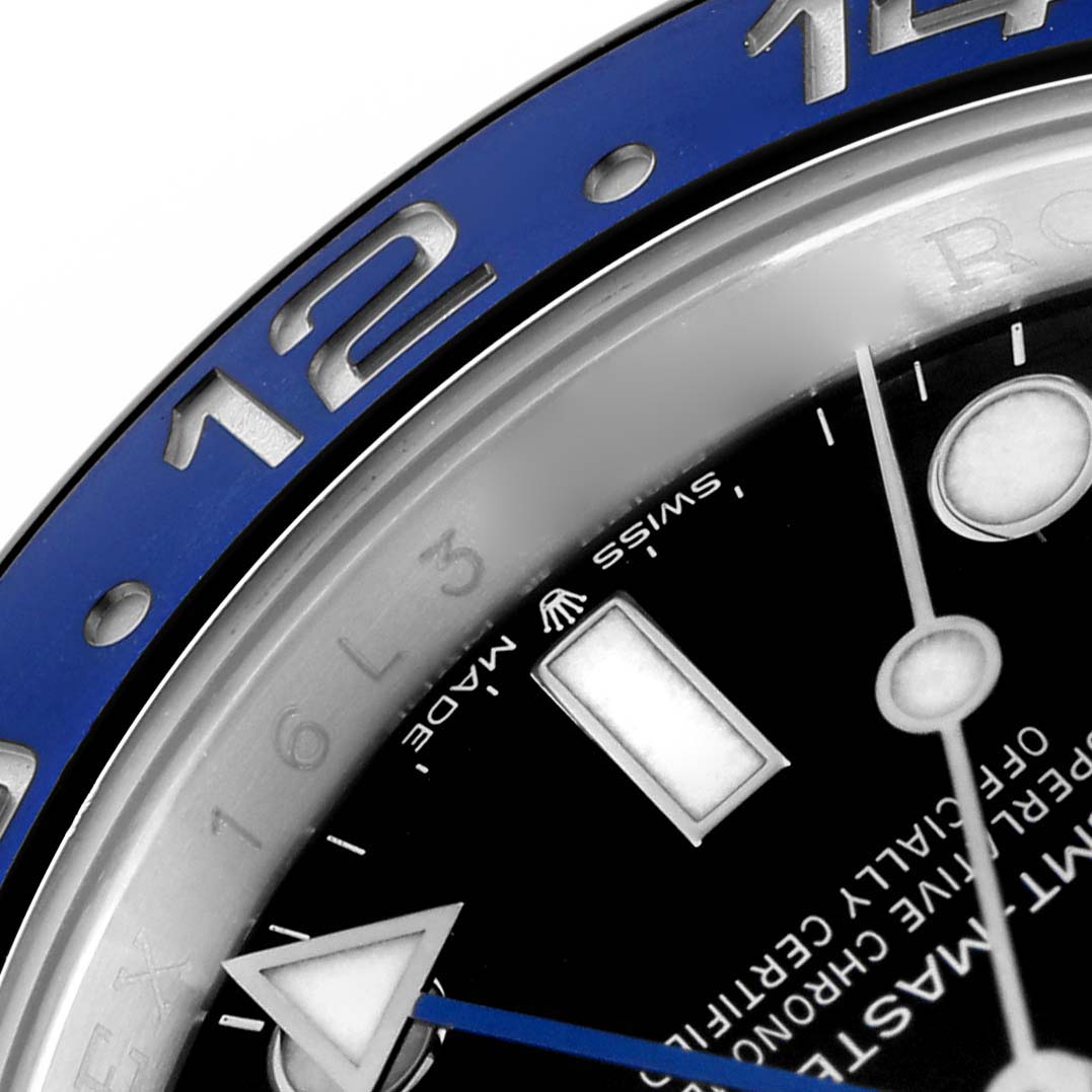 The close-up angle shows the dial, bezel, and part of the face of the Rolex GMT-Master 126710 Men
s Stainless Steel Black Dial 126710 Men
s Stainless Steel Black Dial, highlighting the hour markers and branding.