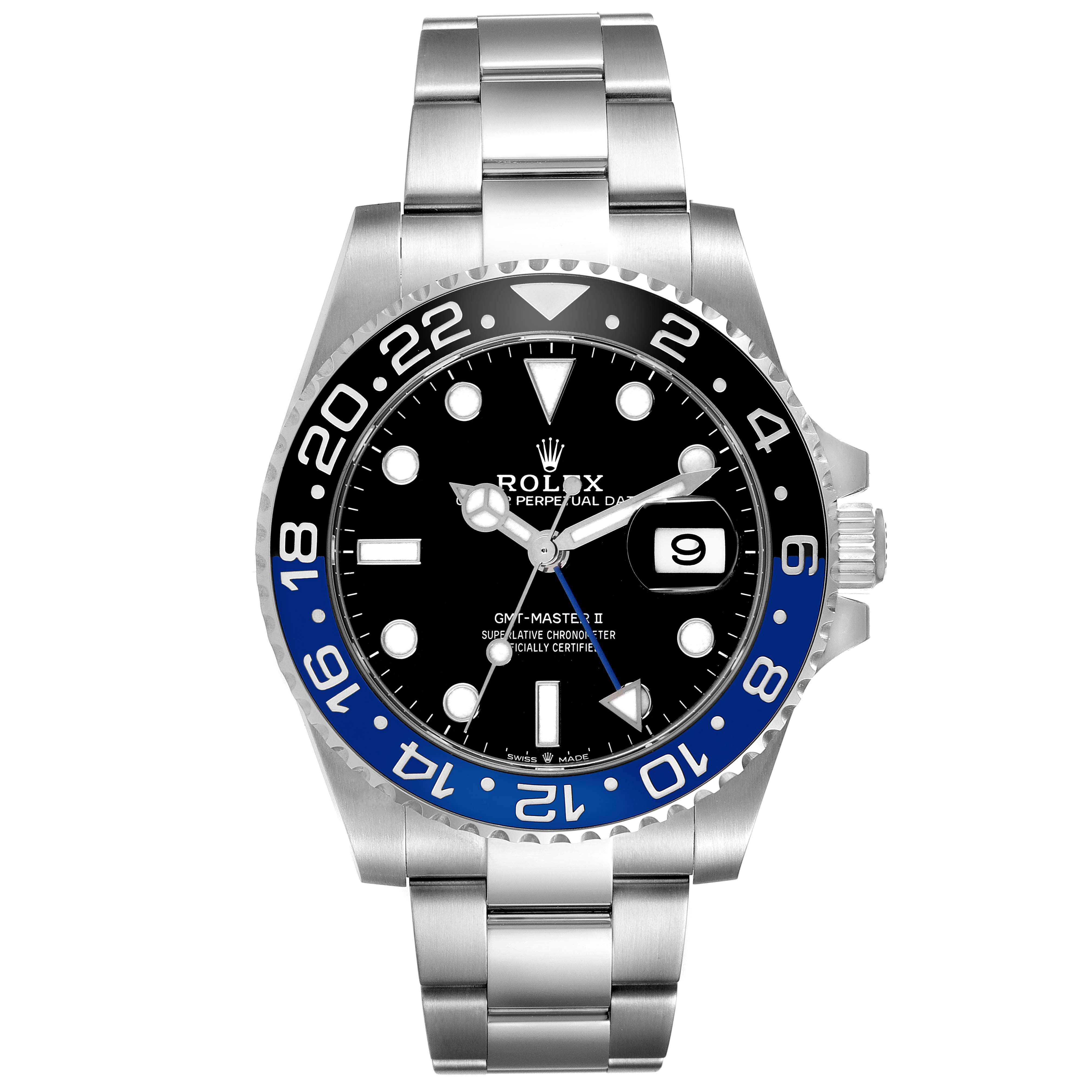 The Rolex GMT-Master 126710 Men
s Stainless Steel Black Dial 126710 Men
s Stainless Steel Black Dial II is shown from a front angle, displaying its bezel, dial, hands, and bracelet.