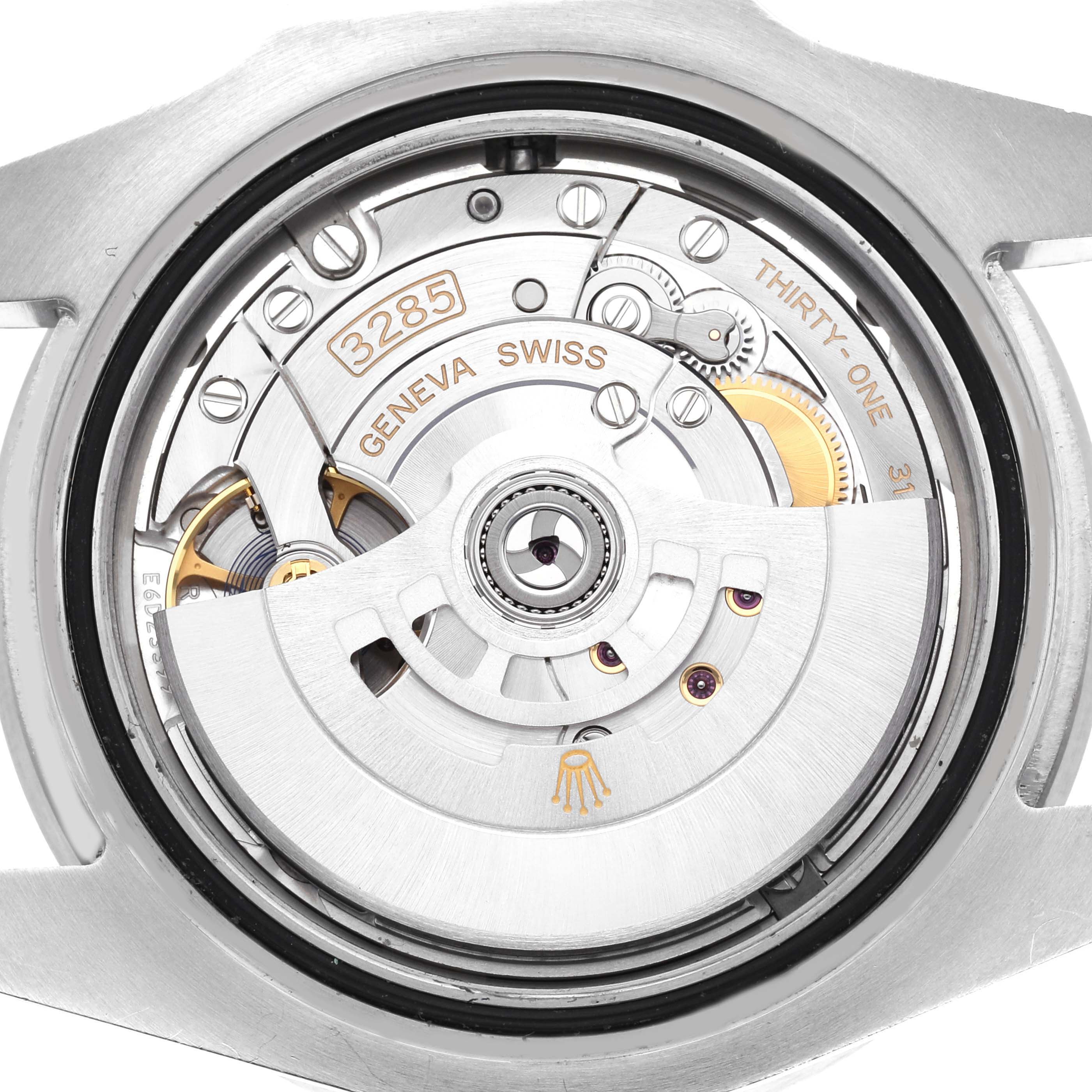 The image shows the back view of a Rolex GMT-Master 126710 Men
s Stainless Steel Black Dial 126710 Men
s Stainless Steel Black Dial, showcasing its movement and intricate internal components.