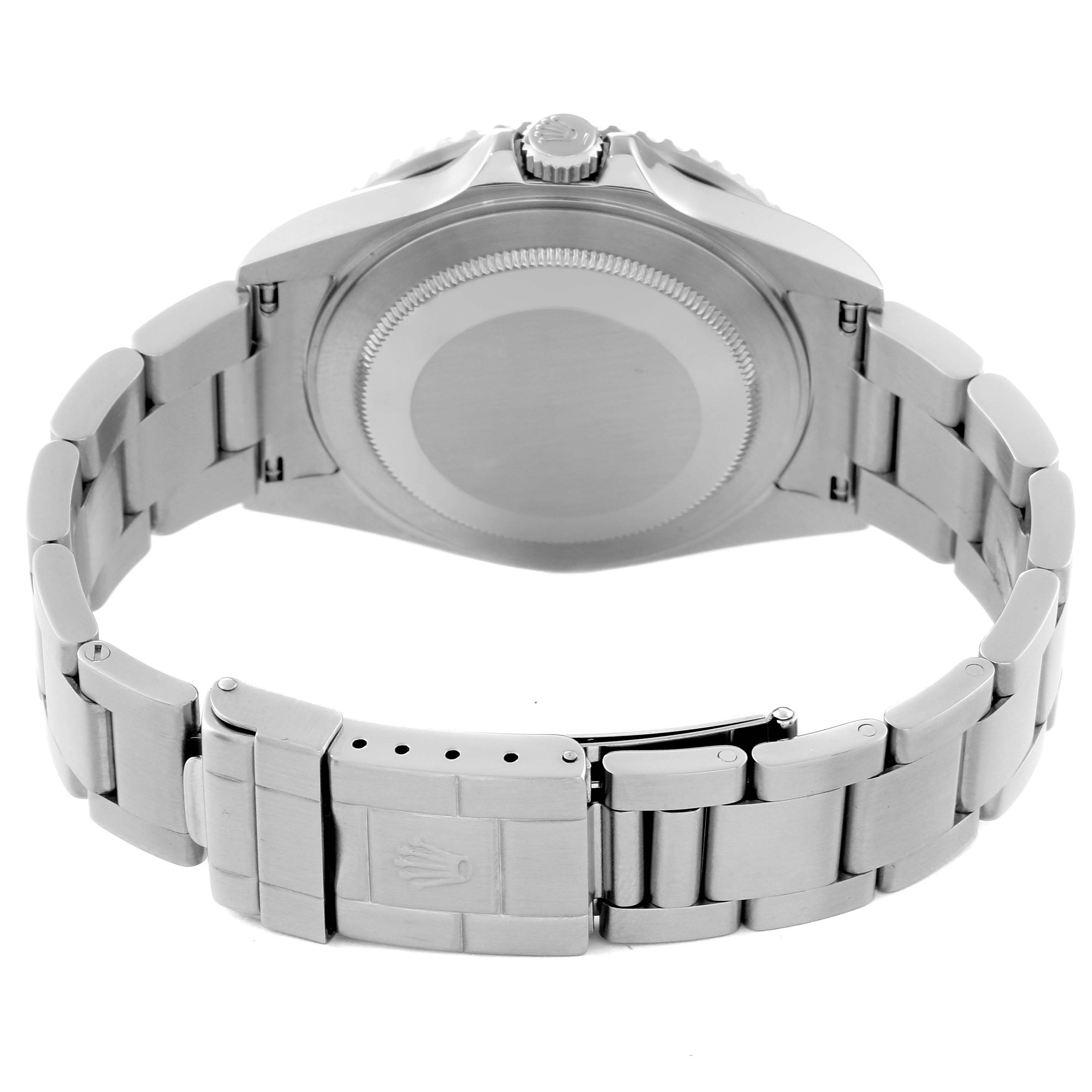 This image shows the back view of a Rolex GMT-Master 16710 Men
s Stainless Steel Black Dial 16710 Men
s Stainless Steel Black Dial watch, highlighting the bracelet, clasp, and case back.