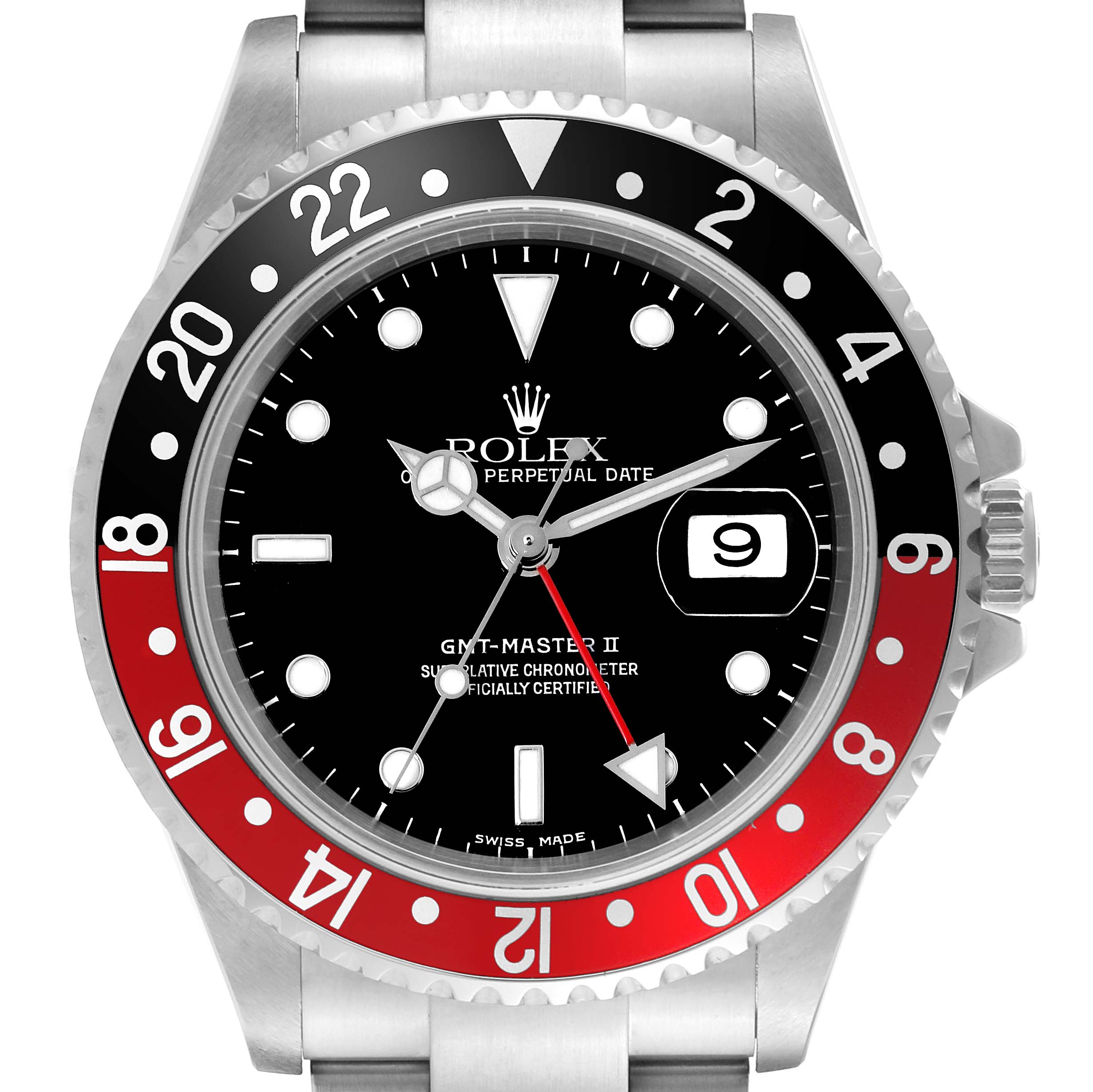 This image shows a frontal view of the Rolex GMT-Master 16710 Men
s Stainless Steel Black Dial 16710 Men
s Stainless Steel Black Dial II watch, displaying its bezel, dial, hands, and date window.