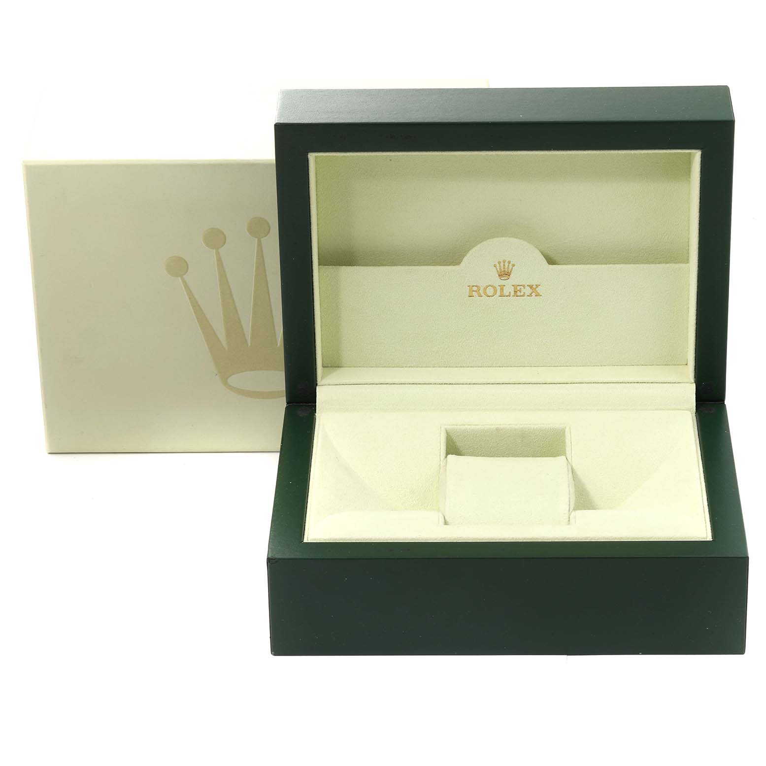 This image shows an open Rolex GMT-Master 16710 Men
s Stainless Steel Black Dial 16710 Men
s Stainless Steel Black Dial watch box with the Rolex logo visible, featuring a green exterior and beige interior.