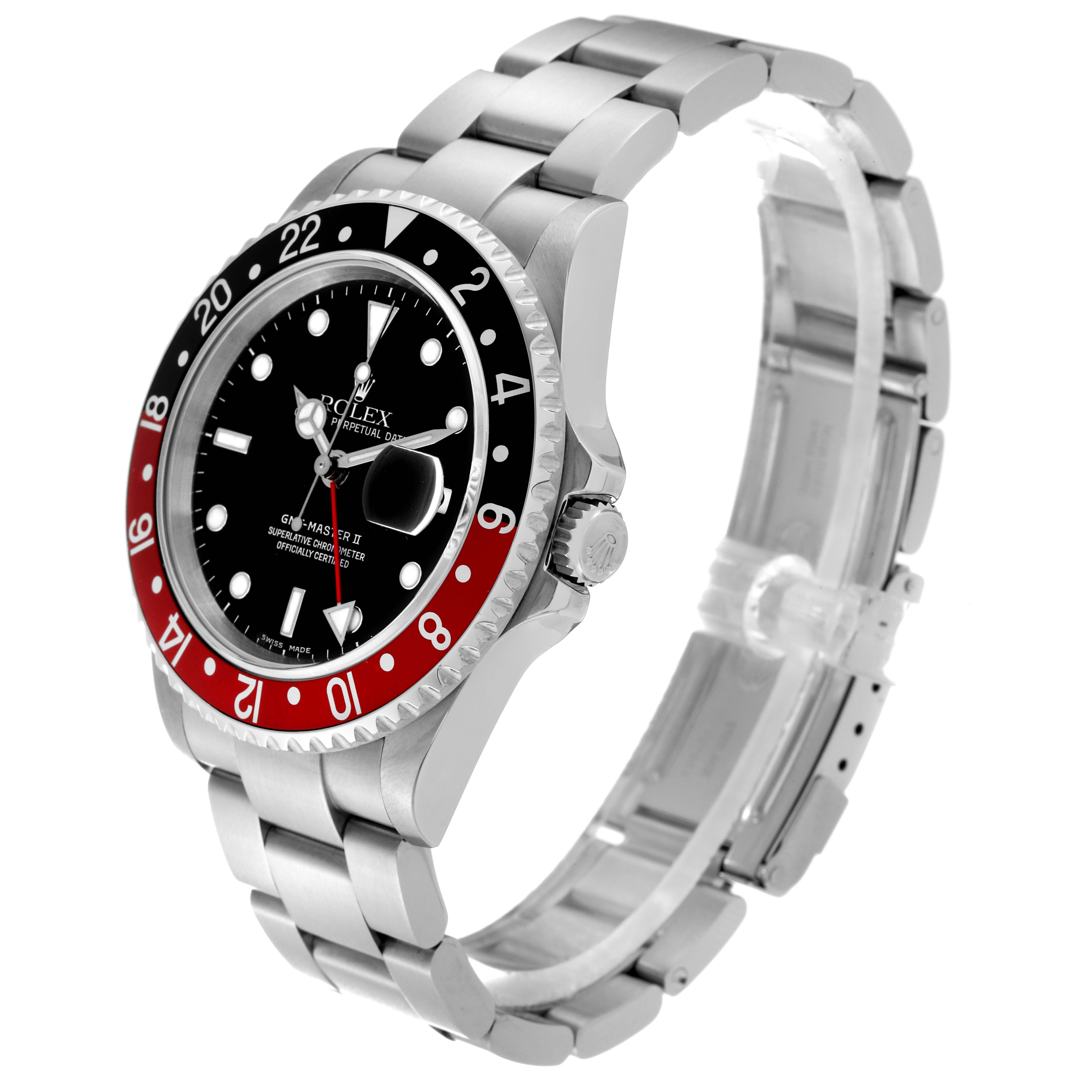 This image shows a side angle of the Rolex GMT-Master 16710 Men
s Stainless Steel Black Dial 16710 Men
s Stainless Steel Black Dial watch, highlighting its bezel, crown, and bracelet.