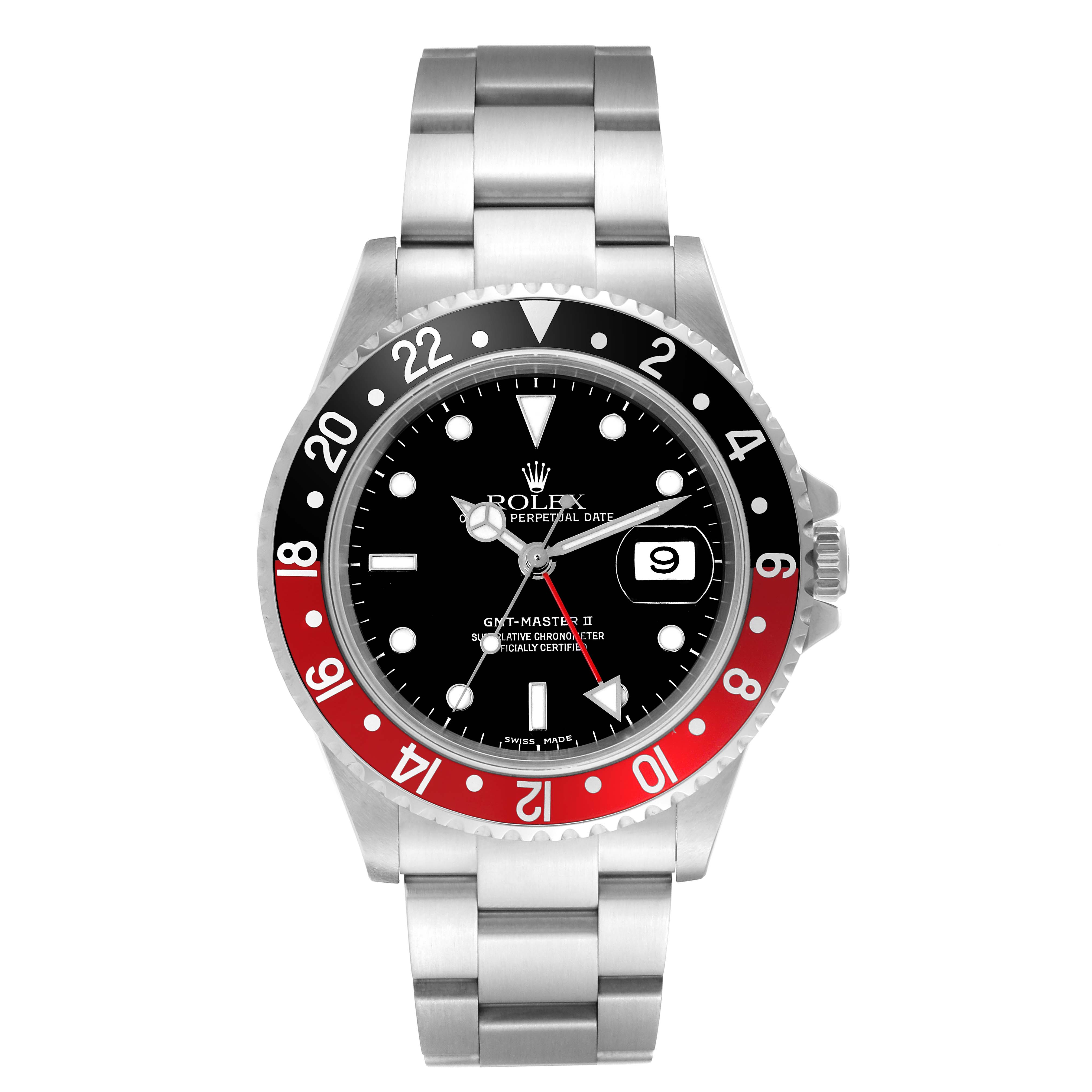 This is a front view of a Rolex GMT-Master 16710 Men
s Stainless Steel Black Dial 16710 Men
s Stainless Steel Black Dial II watch, showcasing its bezel, dial, hands, and bracelet.