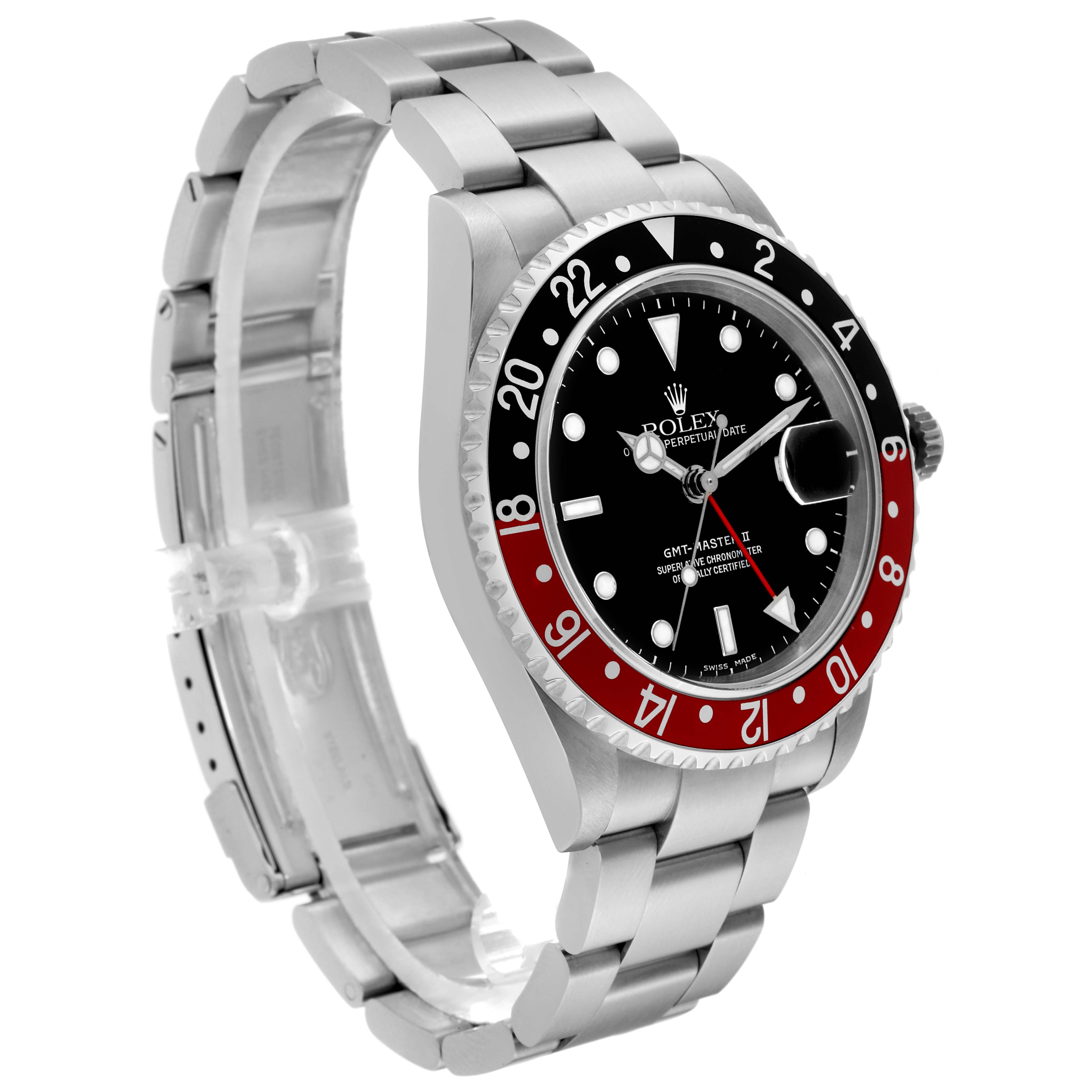 The image shows a side and front angle of a Rolex GMT-Master 16710 Men
s Stainless Steel Black Dial 16710 Men
s Stainless Steel Black Dial watch, highlighting its bezel, dial, and bracelet.