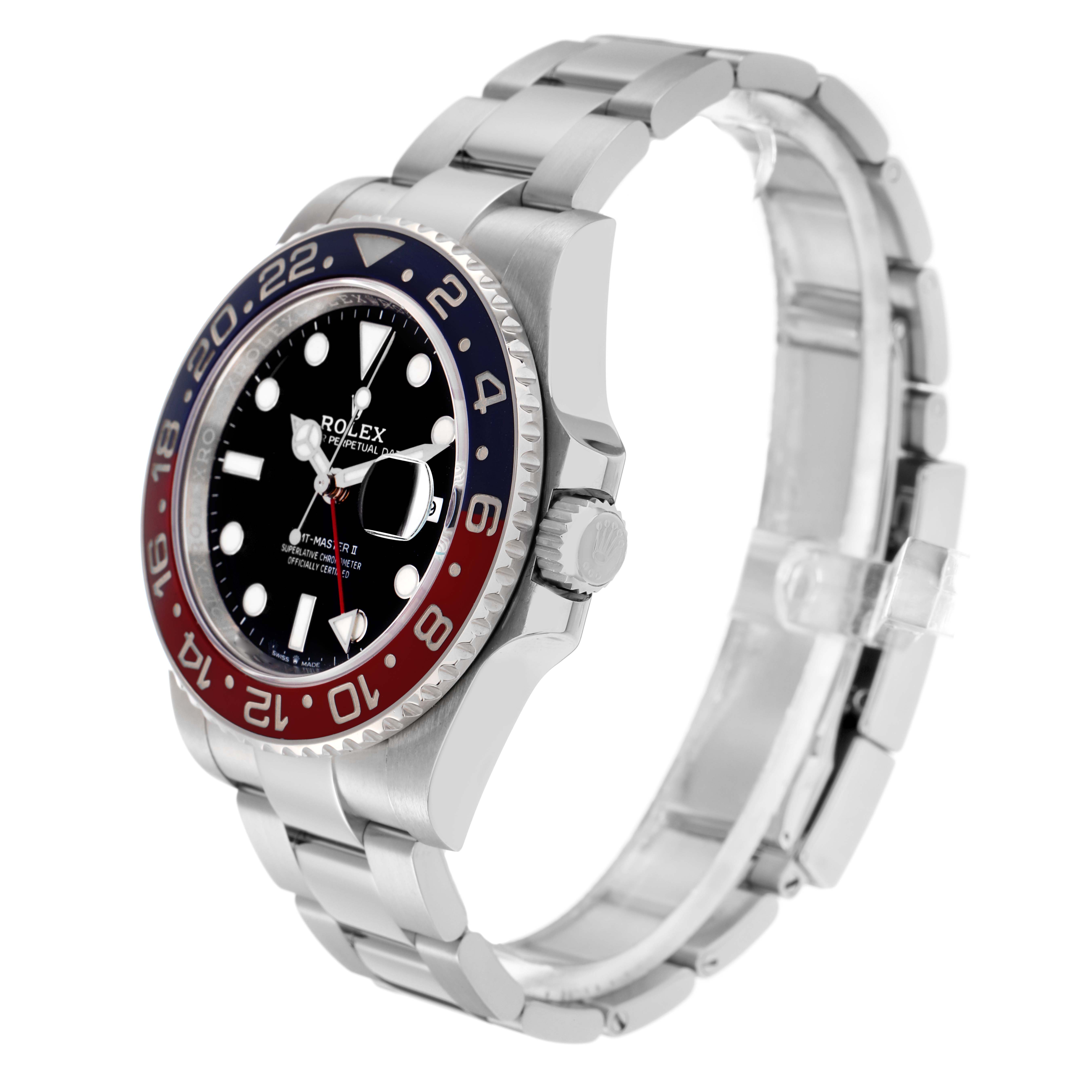 The image shows a side and slightly angled view of the Rolex GMT-Master 126710BLRO Men
s Stainless Steel Black Dial 126710BLRO Men
s Stainless Steel Black Dial watch, highlighting the bezel and bracelet.