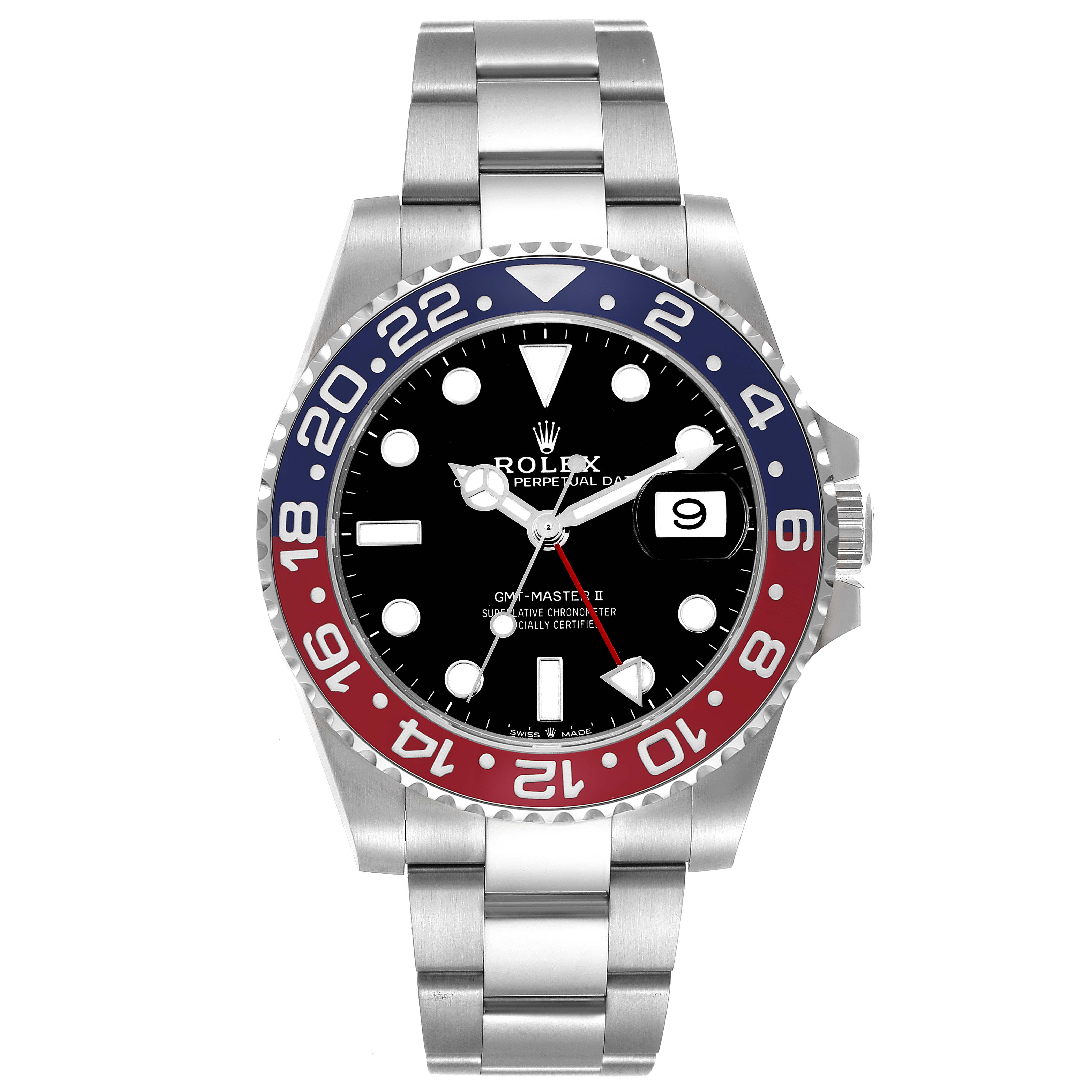 The Rolex GMT-Master 126710BLRO Men
s Stainless Steel Black Dial 126710BLRO Men
s Stainless Steel Black Dial watch is shown from the front, displaying the bezel, dial, hands, and part of the bracelet.