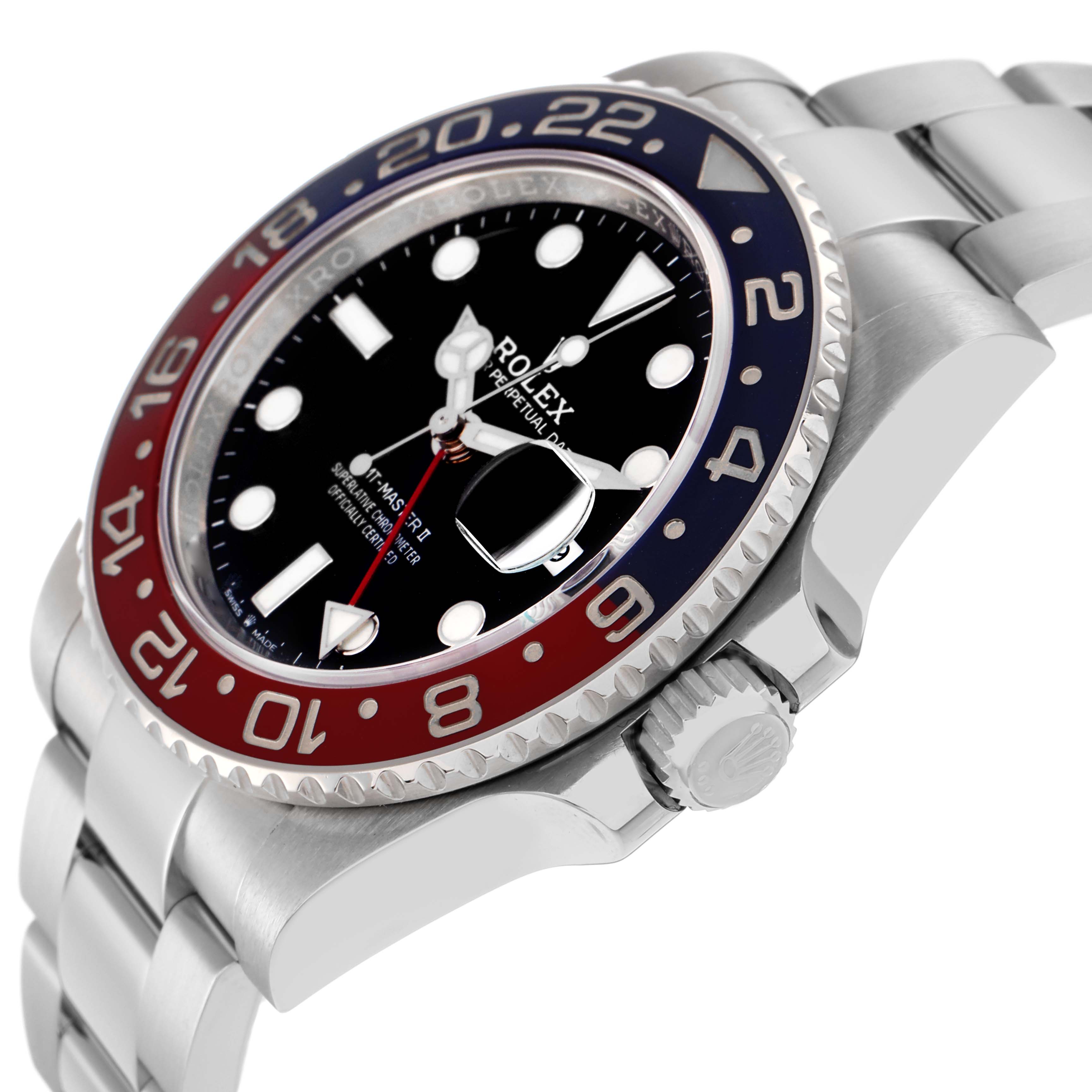 The Rolex GMT-Master 126710BLRO Men
s Stainless Steel Black Dial 126710BLRO Men
s Stainless Steel Black Dial watch is shown at an angled side view, displaying the bezel, crown, and part of the bracelet.