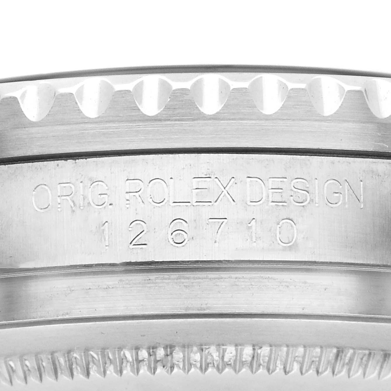 The image shows a detailed side view of the Rolex GMT-Master 126710BLRO Men
s Stainless Steel Black Dial 126710BLRO Men
s Stainless Steel Black Dial bezel and case engravings, highlighting the model number "126710."