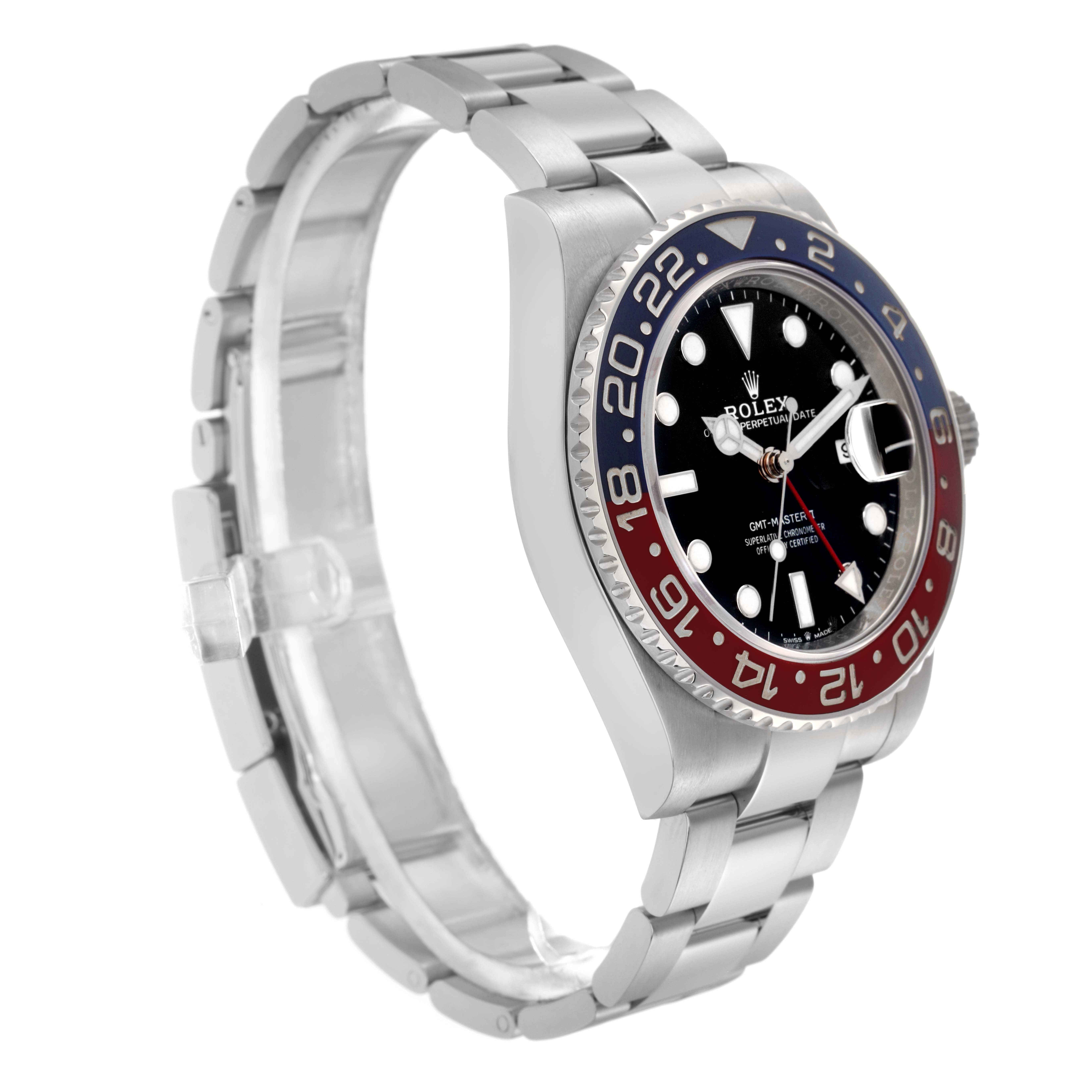 The Rolex GMT-Master 126710BLRO Men
s Stainless Steel Black Dial 126710BLRO Men
s Stainless Steel Black Dial is shown at a three-quarter angle, displaying the bezel, face, crown, and bracelet.