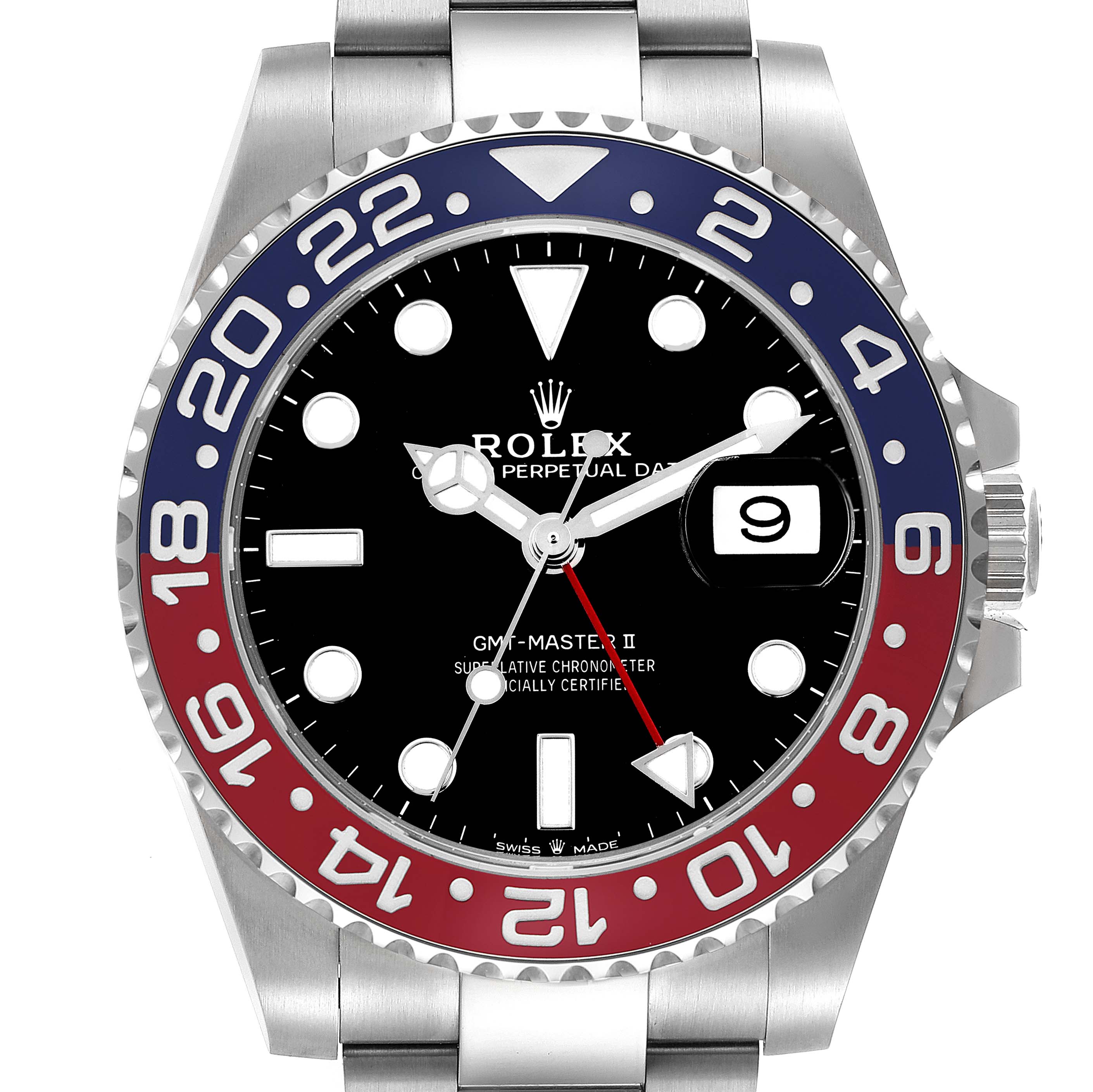 The Rolex GMT-Master 126710BLRO Men
s Stainless Steel Black Dial 126710BLRO Men
s Stainless Steel Black Dial II watch is shown from a front angle, highlighting the bezel, dial, and crown.