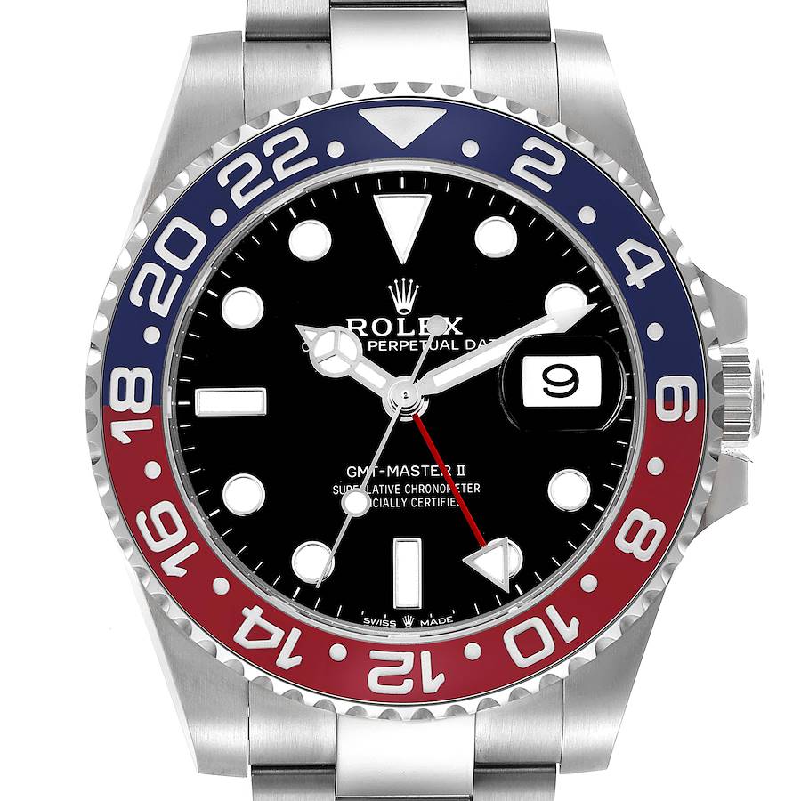 The Rolex GMT-Master II watch is shown from a front angle, highlighting the bezel, dial, and crown.