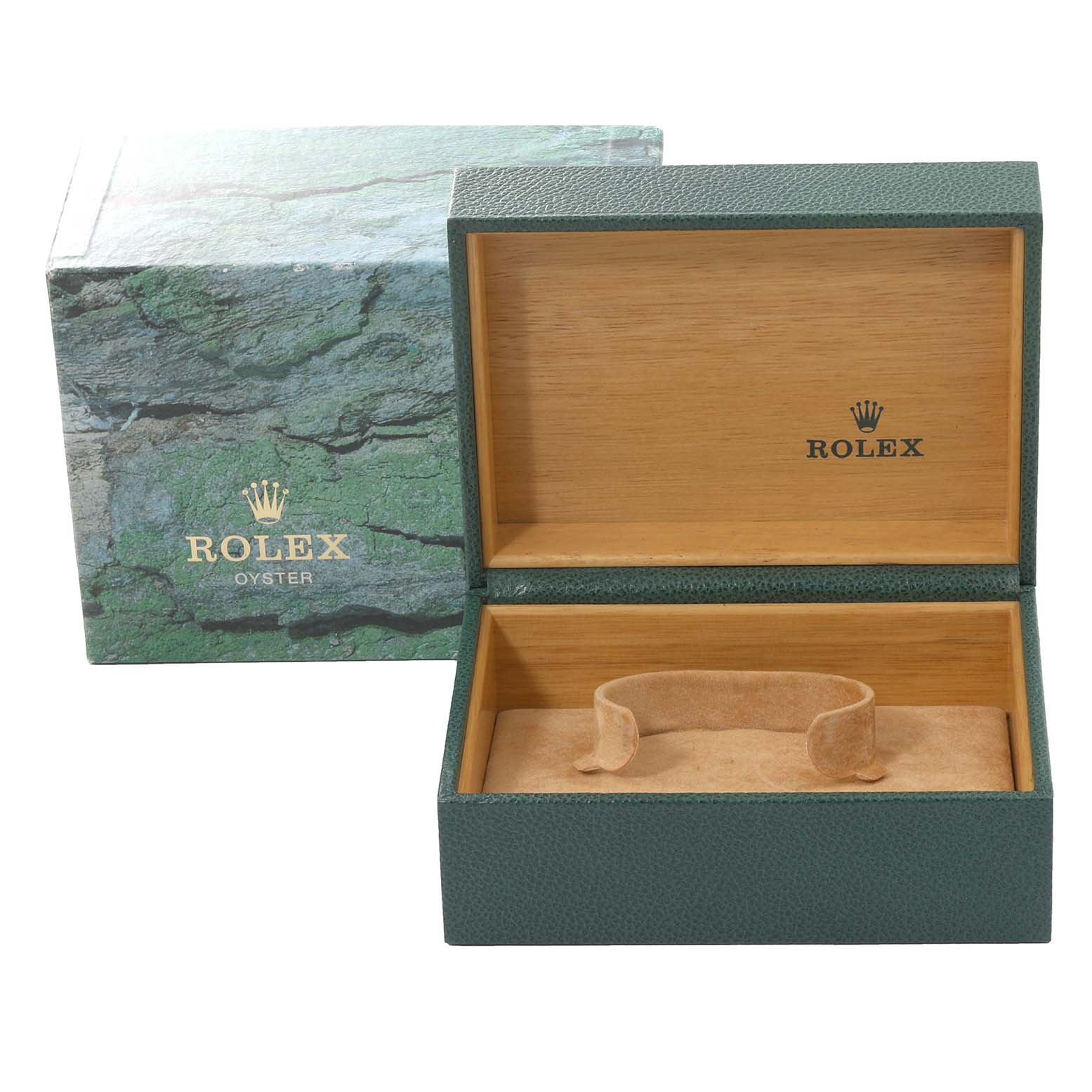 The image shows an open Rolex GMT-Master 16710 Men's Stainless Steel Black Dial 16710 Men's Stainless Steel Black Dial watch box with a green exterior, wooden interior, and a cushion for the watch.