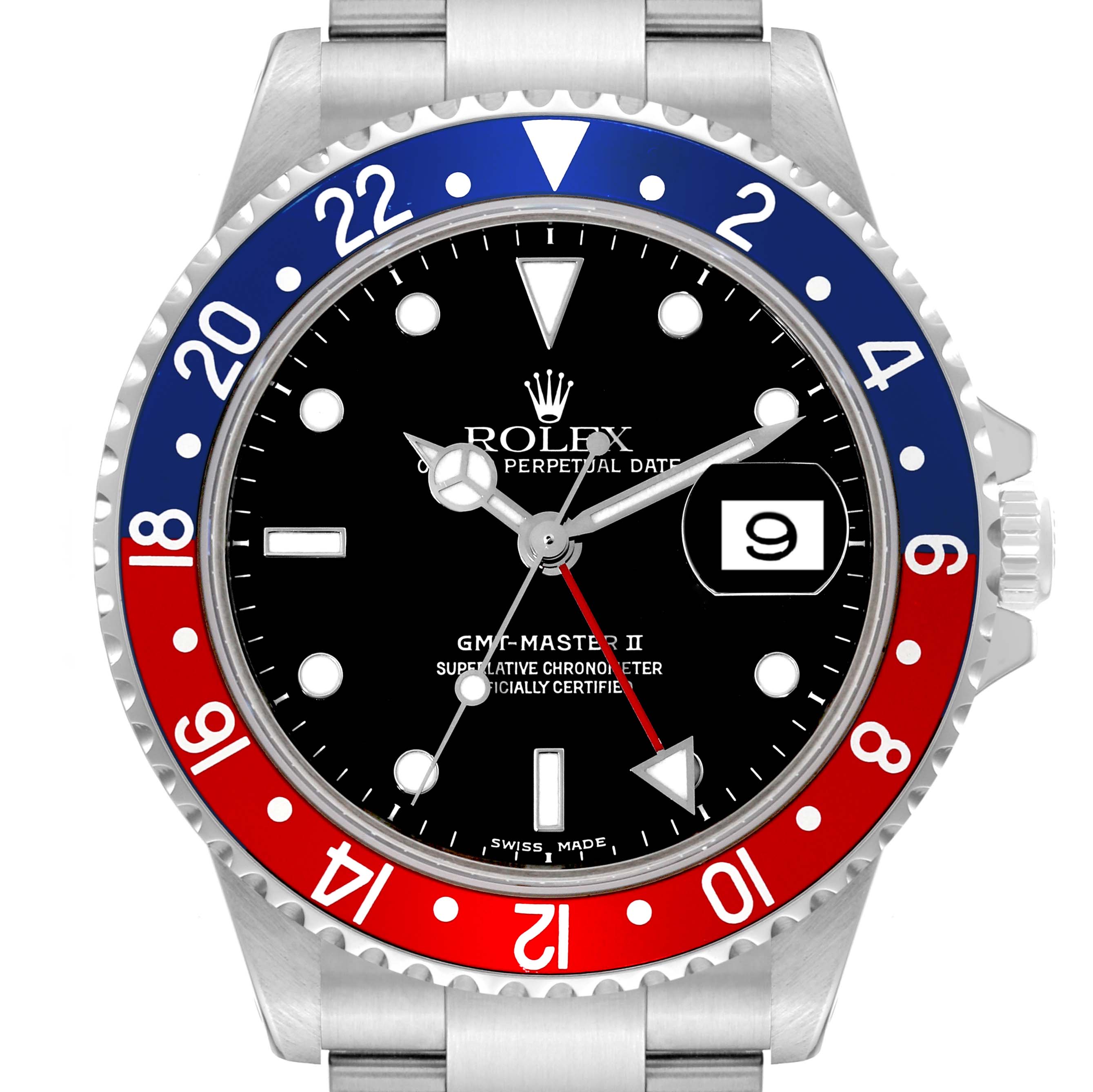 The image shows a front view of the Rolex GMT-Master 16710 Men's Stainless Steel Black Dial 16710 Men's Stainless Steel Black Dial II watch, displaying the bezel, dial, hands, and date window.