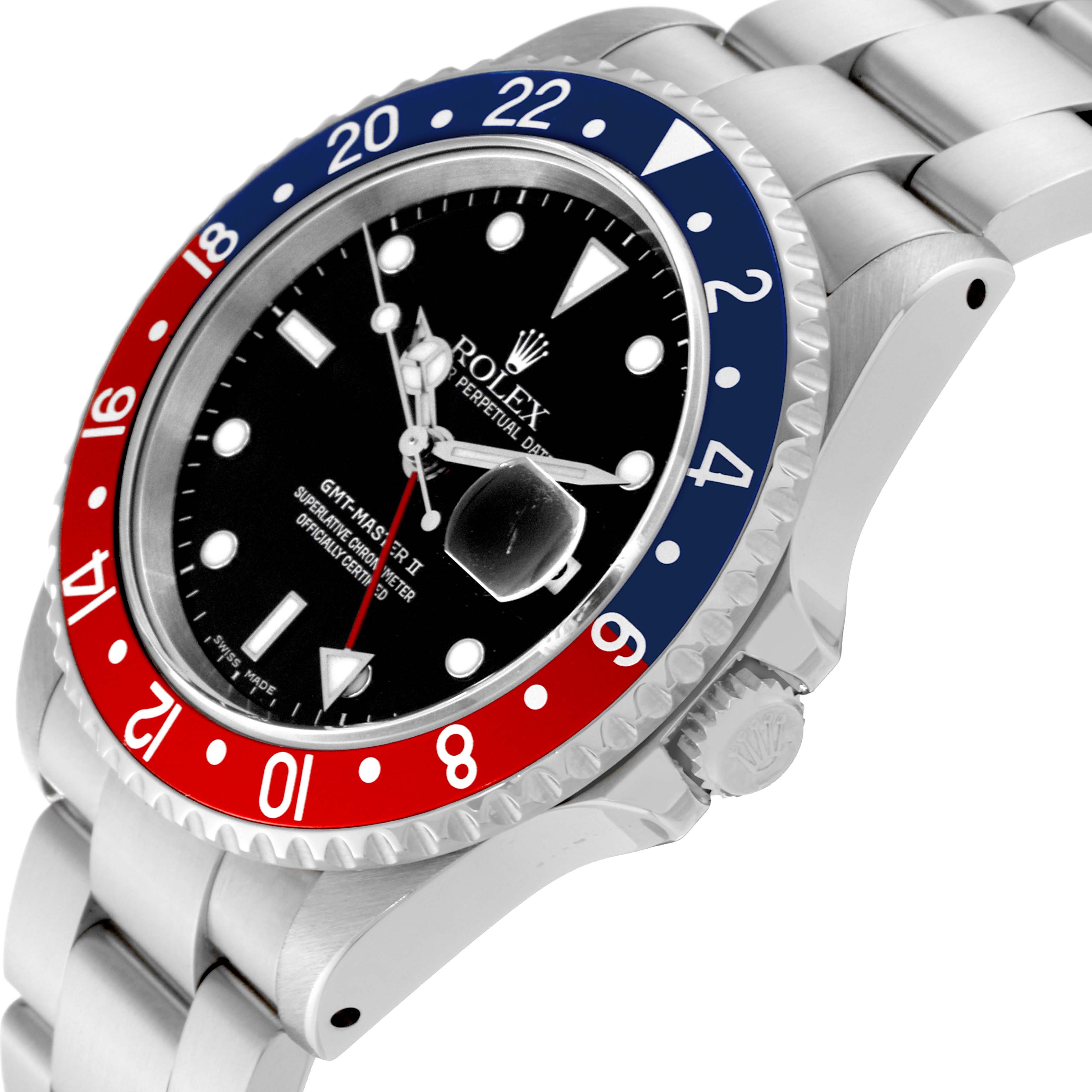 The image shows a side angle of the Rolex GMT-Master 16710 Men's Stainless Steel Black Dial 16710 Men's Stainless Steel Black Dial II watch, highlighting the bezel, crown, dial, and bracelet.