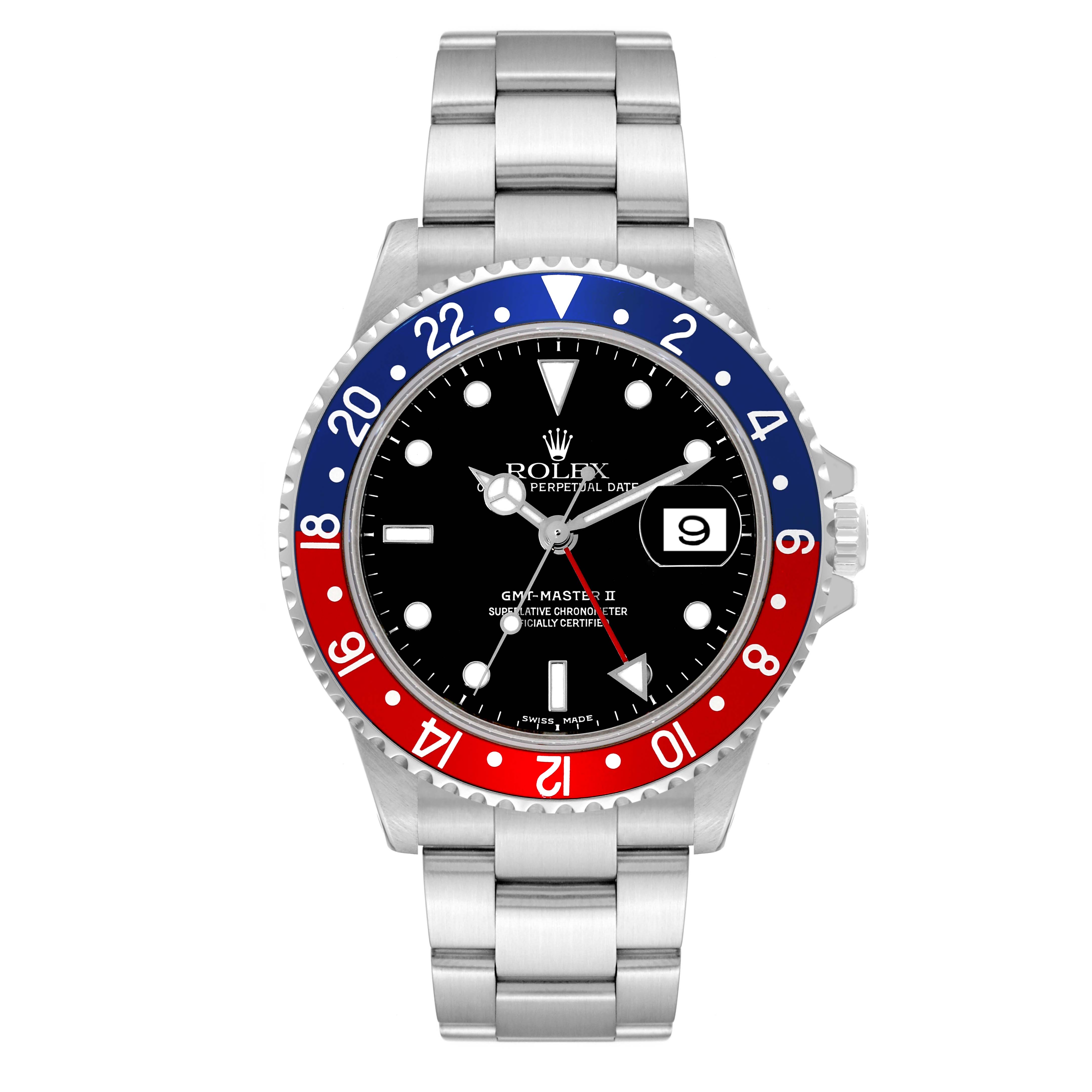 The image shows a front view of a Rolex GMT-Master 16710 Men's Stainless Steel Black Dial 16710 Men's Stainless Steel Black Dial II watch, highlighting the bezel, dial, hands, bracelet, and date window.