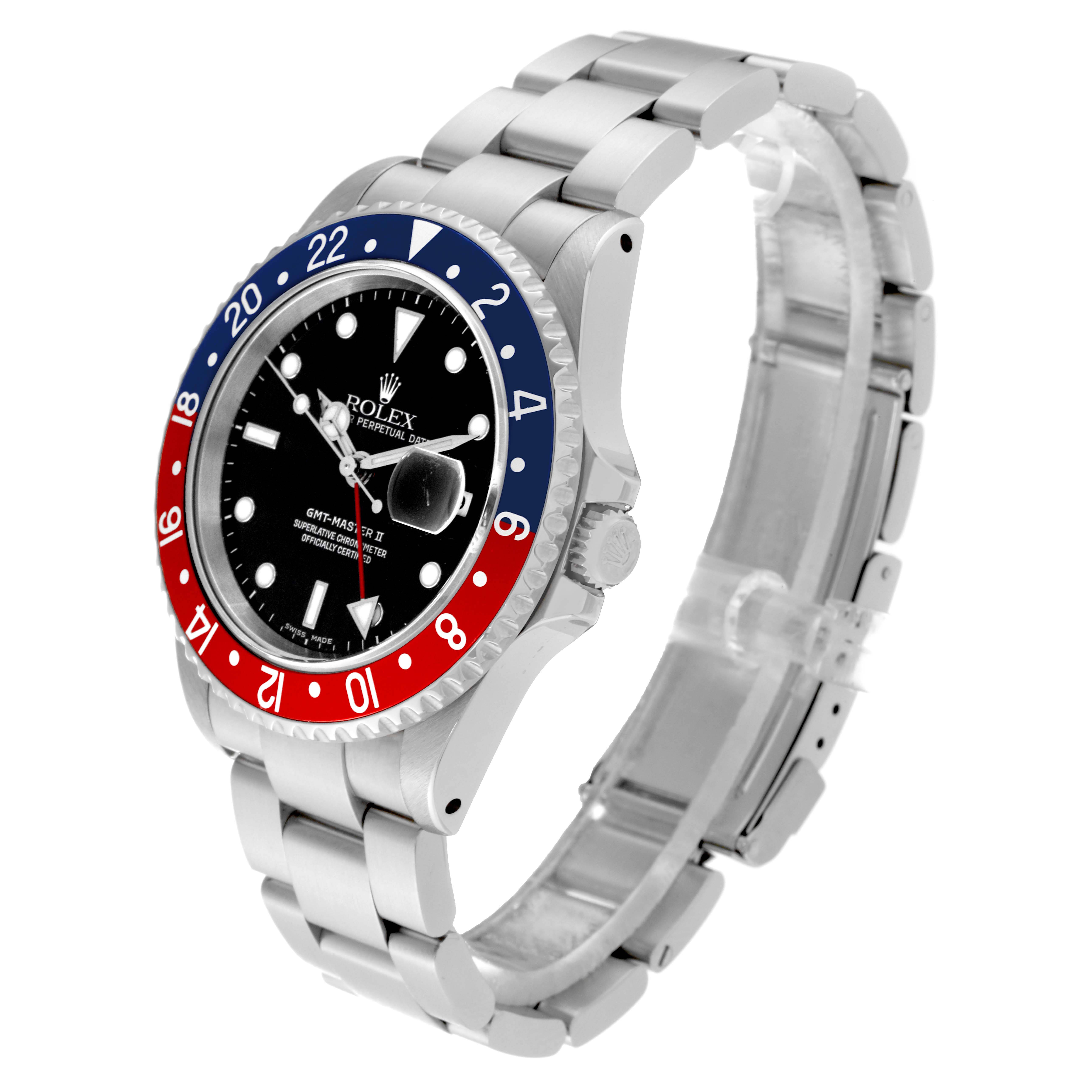 The image shows a Rolex GMT-Master 16710 Men's Stainless Steel Black Dial 16710 Men's Stainless Steel Black Dial watch at a three-quarter angle, highlighting the bezel, dial, case, and bracelet.