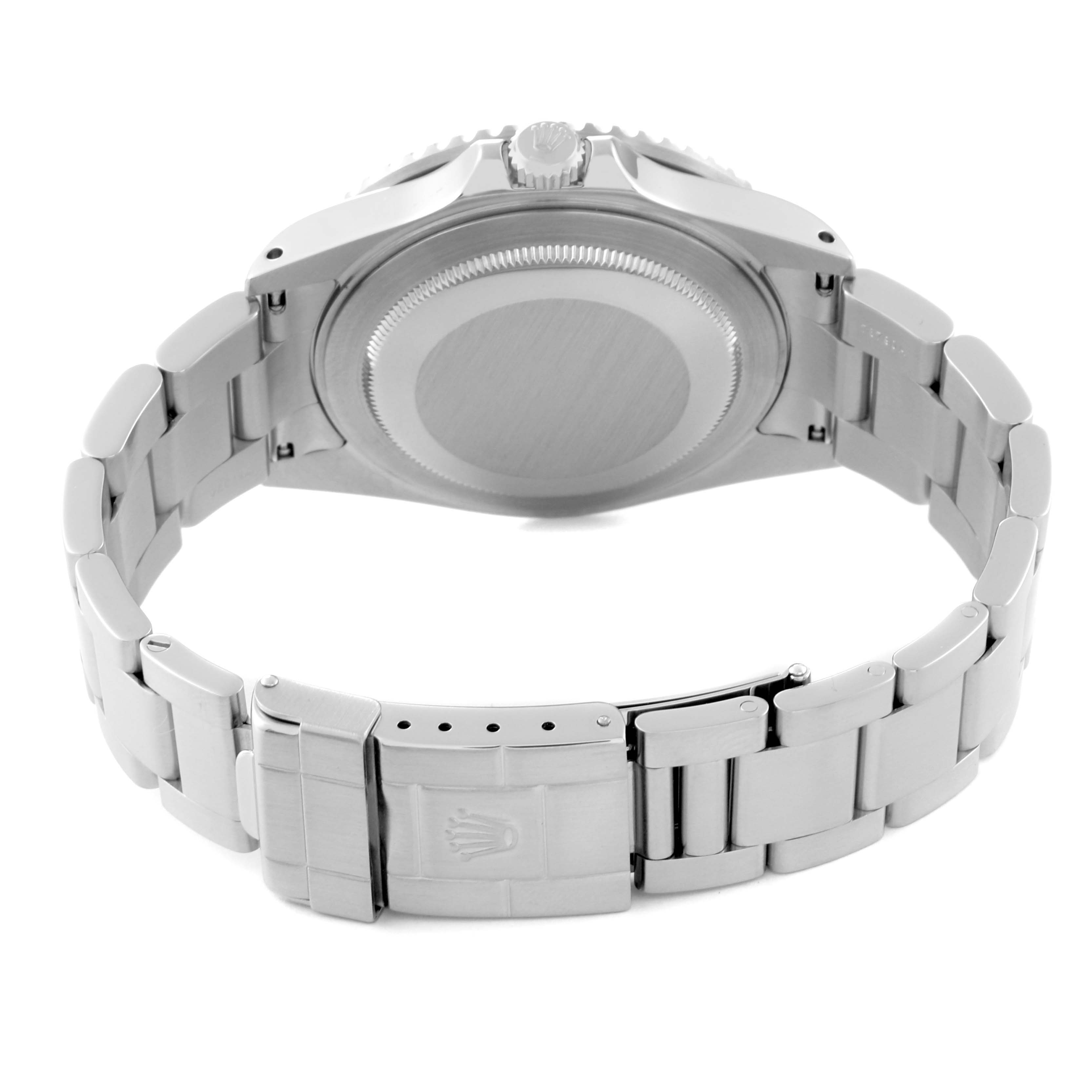 This image shows the back view of a Rolex GMT-Master 16710 Men's Stainless Steel Black Dial 16710 Men's Stainless Steel Black Dial watch, featuring the case back and bracelet with clasp visible.