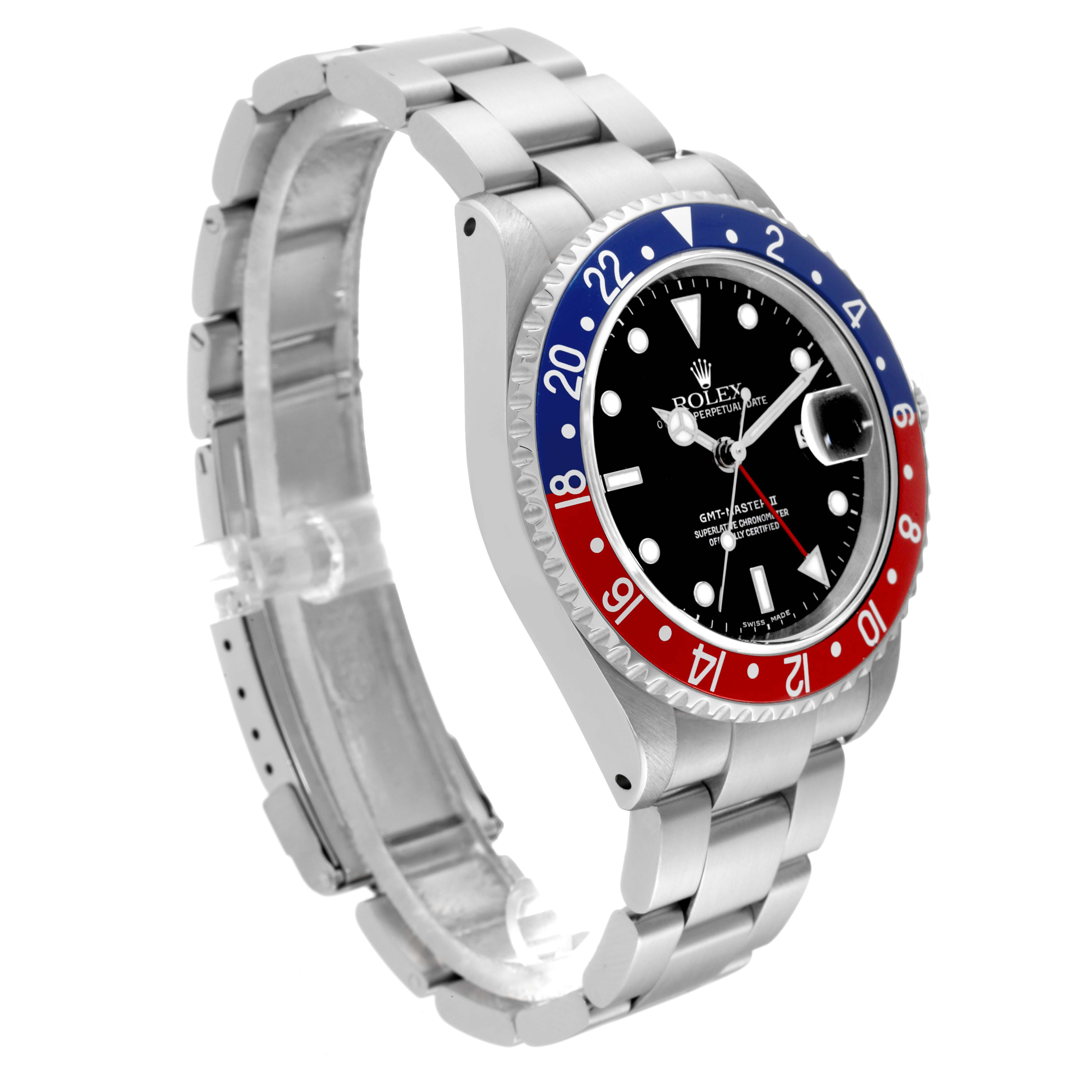 This image shows a Rolex GMT-Master 16710 Men's Stainless Steel Black Dial 16710 Men's Stainless Steel Black Dial watch from a side angle, highlighting its bezel, dial, and bracelet.