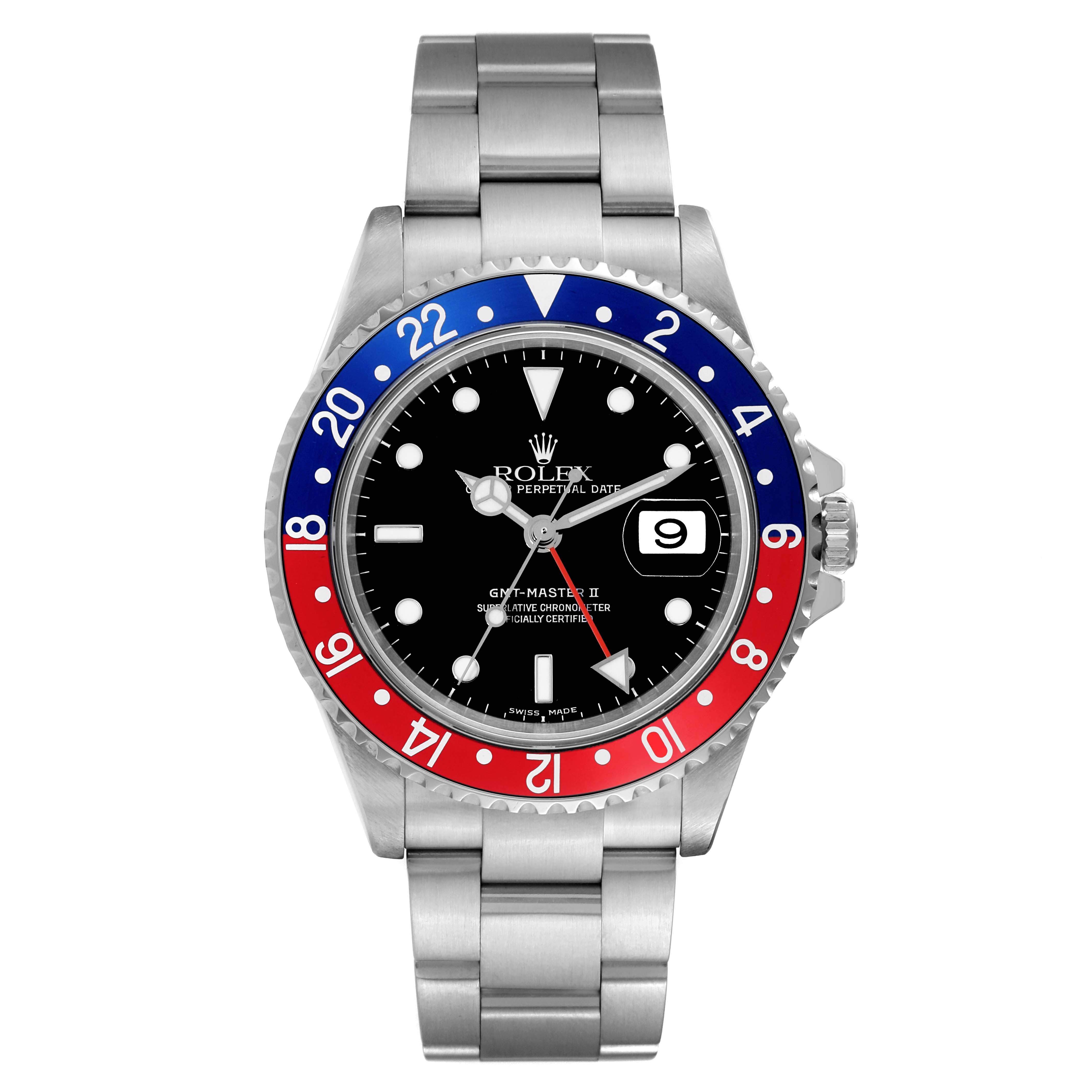 The Rolex GMT-Master 16710 Men
s Stainless Steel Black Dial 16710 Men
s Stainless Steel Black Dial model is shown from a front angle, displaying the bezel, dial, hands, and bracelet.