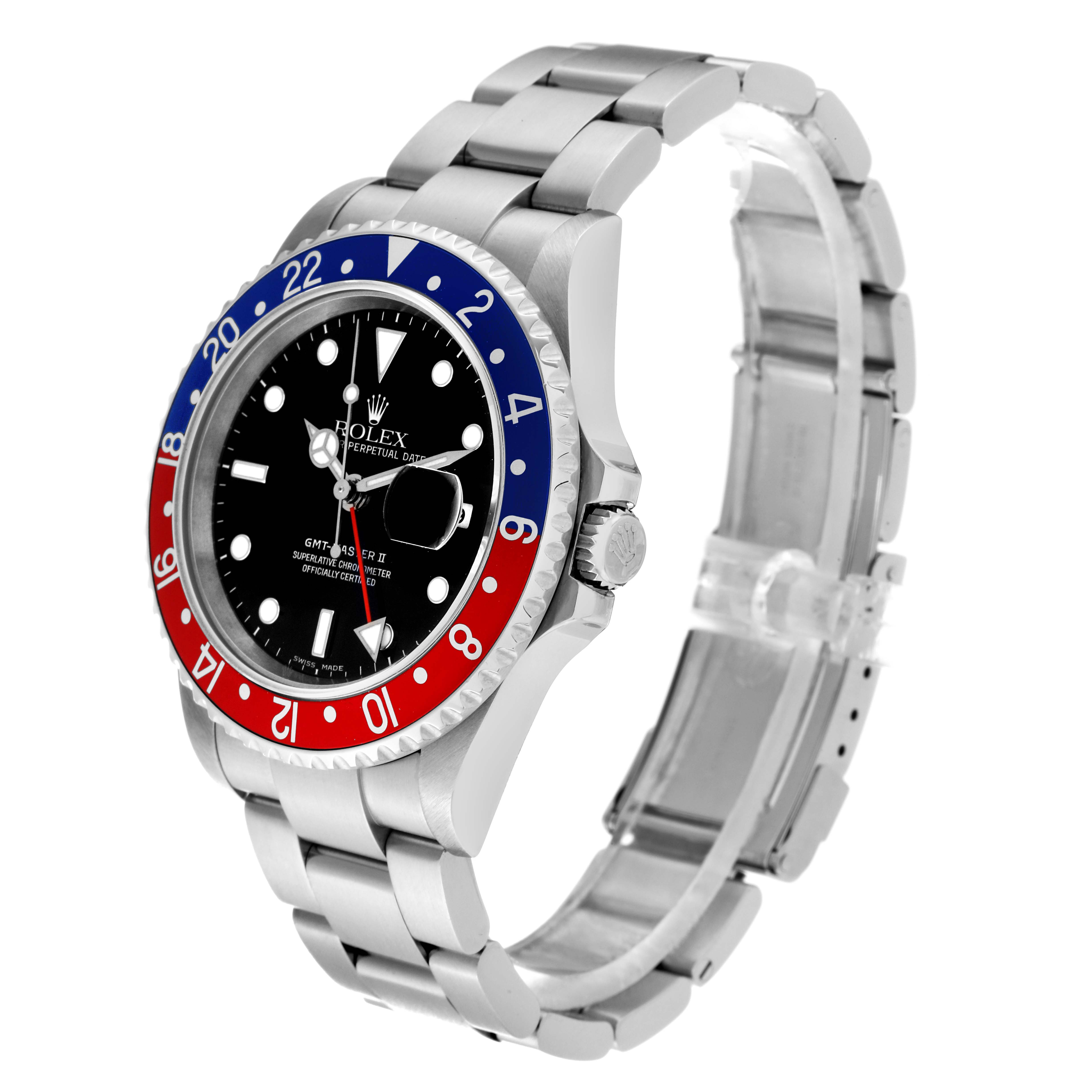 The image shows a Rolex GMT-Master 16710 Men
s Stainless Steel Black Dial 16710 Men
s Stainless Steel Black Dial II watch from an upper side angle, showcasing the bezel, face, and steel bracelet.