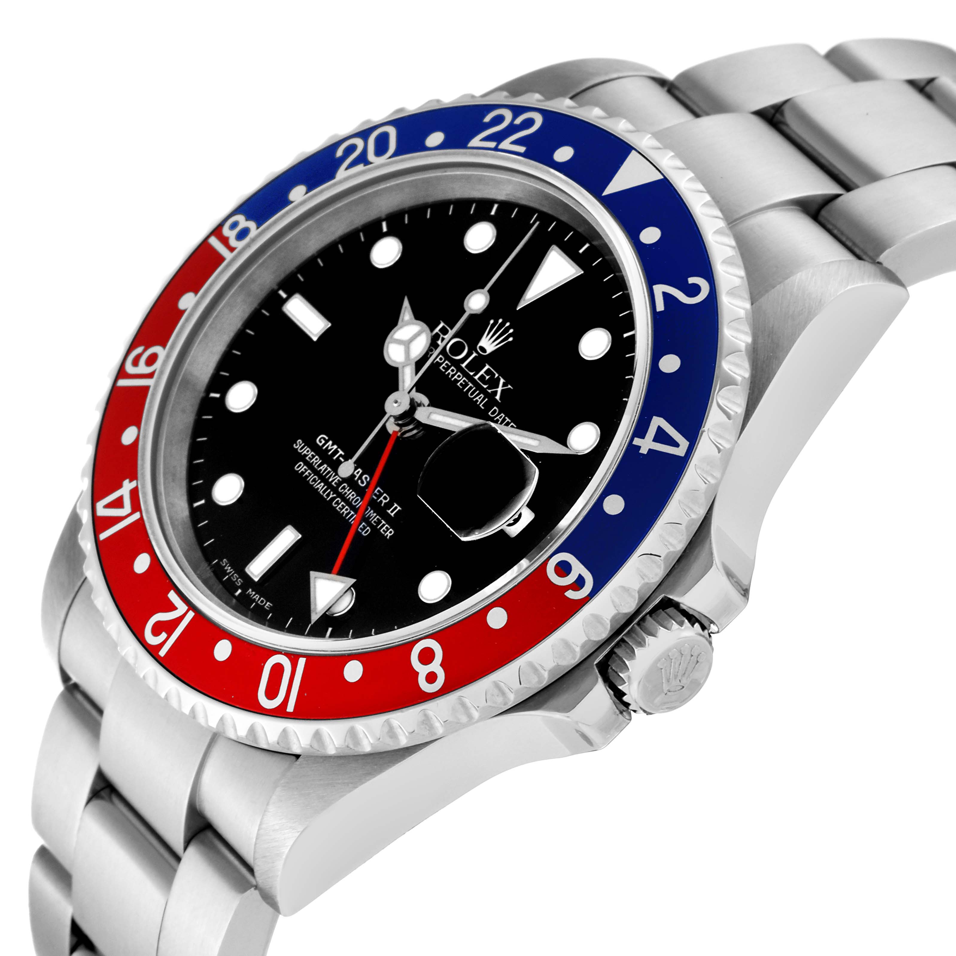 This image shows a Rolex GMT-Master 16710 Men
s Stainless Steel Black Dial 16710 Men
s Stainless Steel Black Dial watch at an angled close-up, highlighting its bezel, dial, crown, and bracelet.